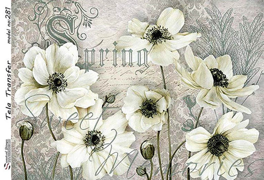 Vintage White Flower - Decorative Decoupage Paper - for Furniture - 1 A3 Sheet [ White Green ]