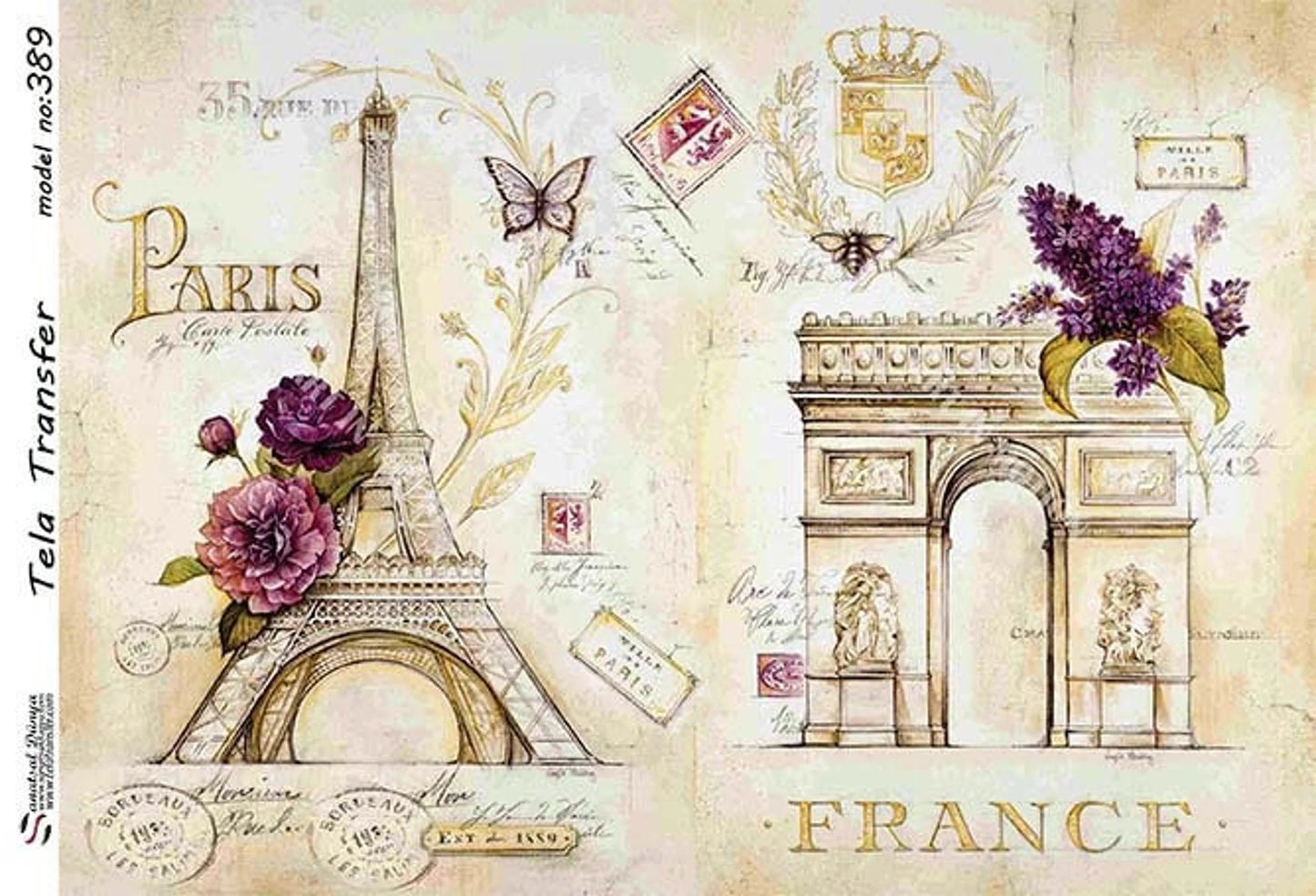 France Paris Eiffel Tower Champs Elysee's Street - Decorative Decoupage Paper - for Furniture - Large Size Options [ White Beige Pink ]