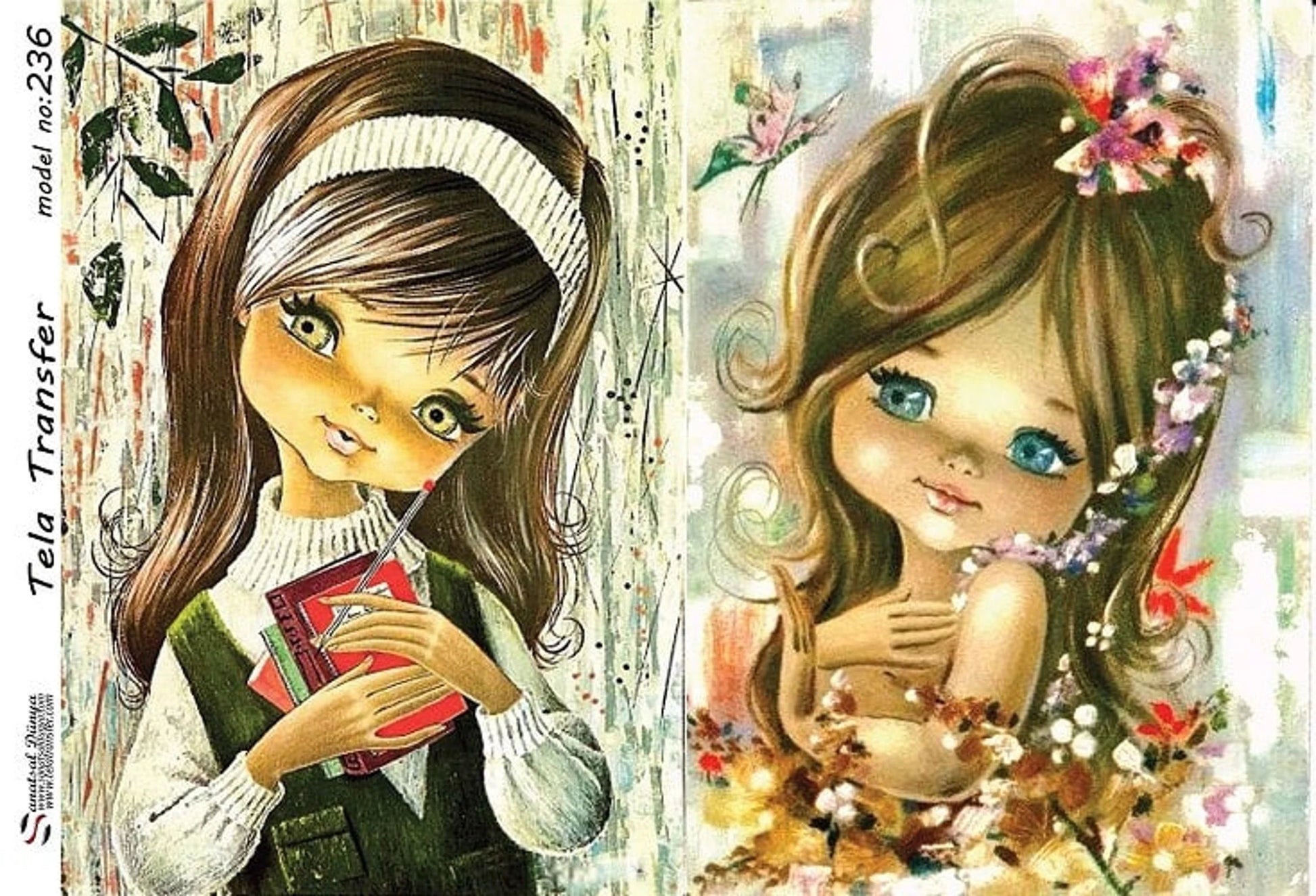 Little Girl - Decorative Decoupage Paper - for Furniture - Large Size Options [ Brown Red Green ]