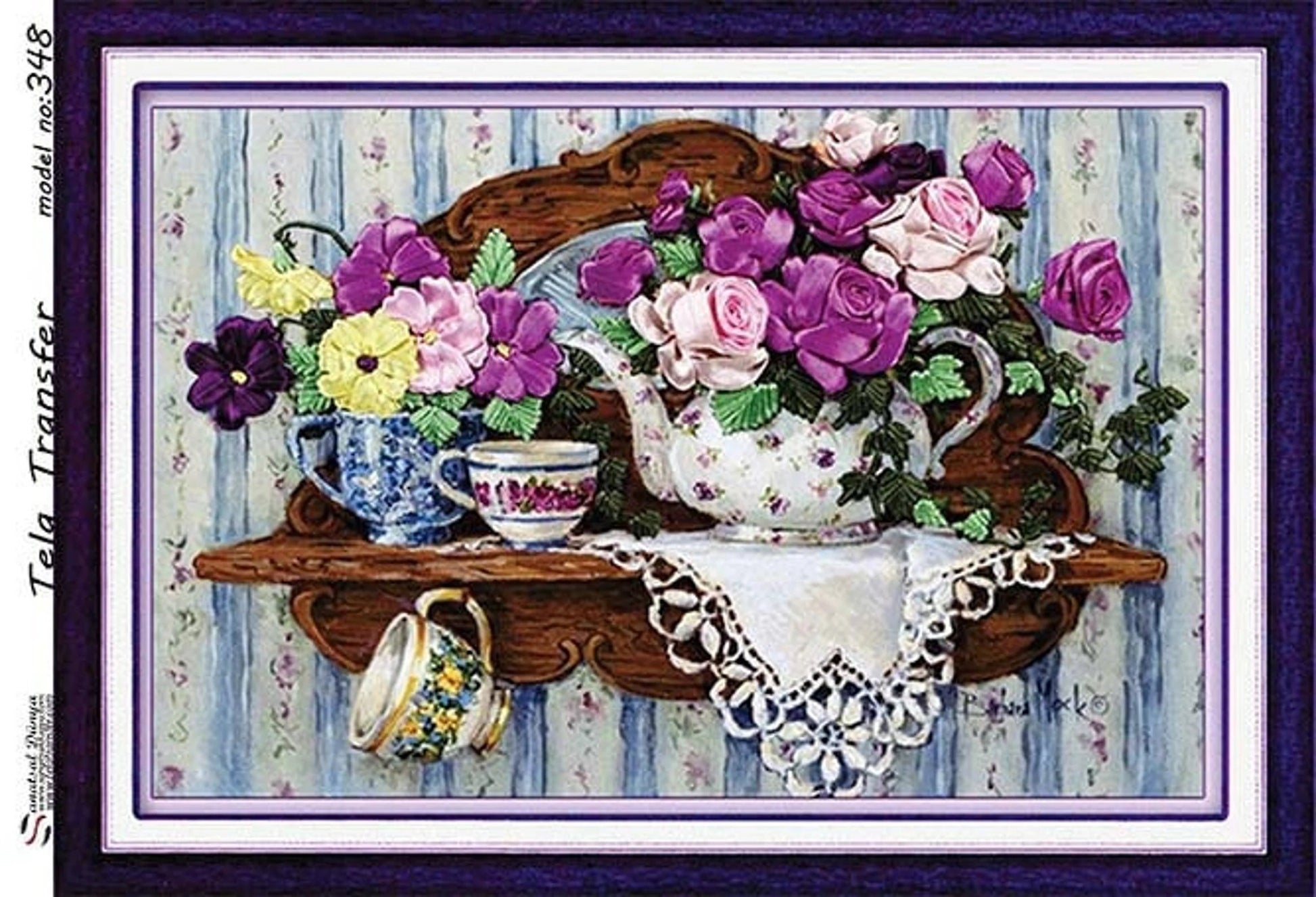 Flowers and Teapot Pattern - Decorative Decoupage Paper - for Furniture [ Blue Brown Purple Green ]