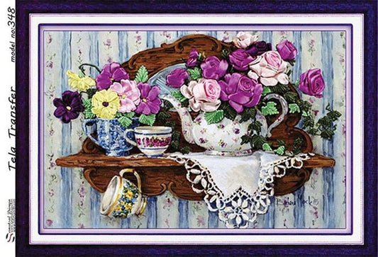 Flowers and Teapot Pattern - Decorative Decoupage Paper - for Furniture [ Blue Brown Purple Green ]