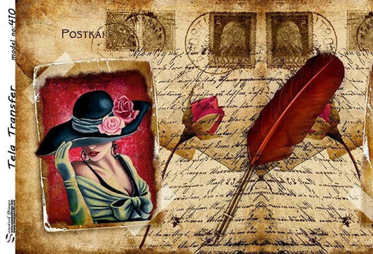Letter Postcard - Decorative Decoupage Paper - for Furniture - Large Size Options [ Beige Red Green ]