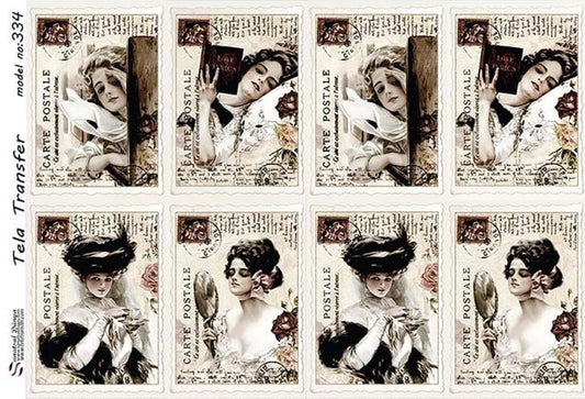 Vintage Ladies Postcard - Decorative Decoupage Paper - for Furniture - Large Size Options [ Brown White ]