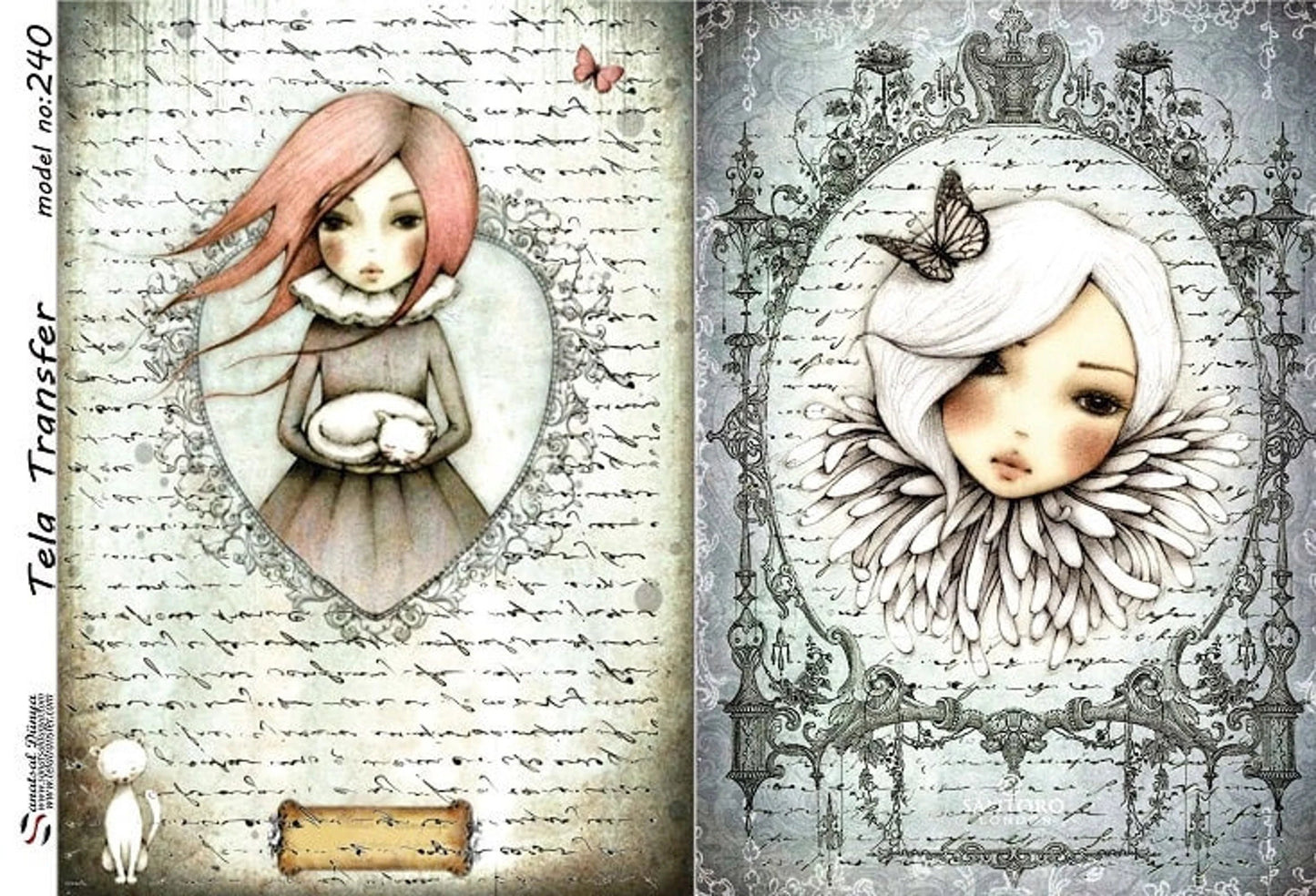 Cartoon Girl Character - Decorative Decoupage Paper - for Furniture - 1 A3 Sheet [ Black White Pink ]