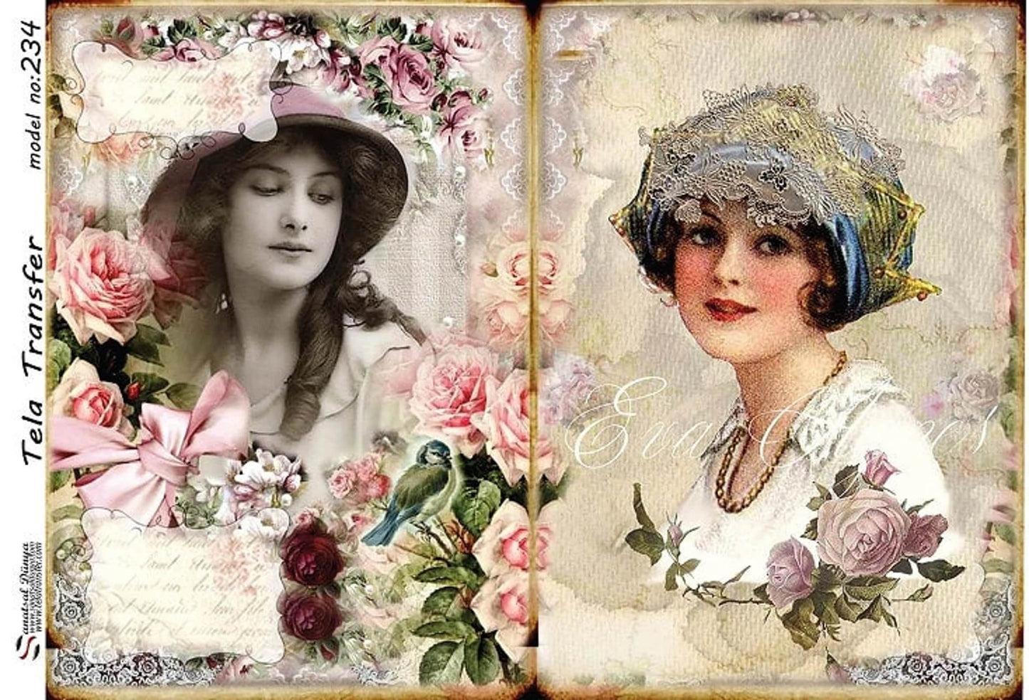 Floral Ladies - Decorative Decoupage Paper - for Furniture - Large Size Options [ White Pink Green ]