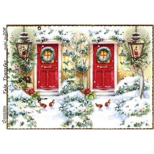 Christmas Door - Decorative Decoupage Paper - for Furniture - Big Size Options [ Red White Green ]