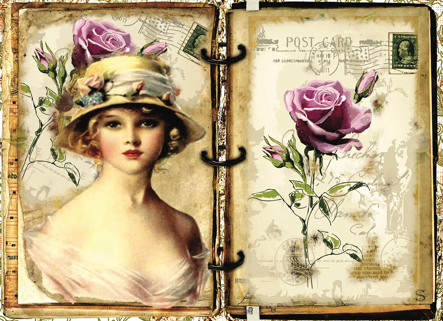 Lady - Hat - Purple Rose - Decorative Decoupage Paper - Mulberry Tissue - Big Size Options