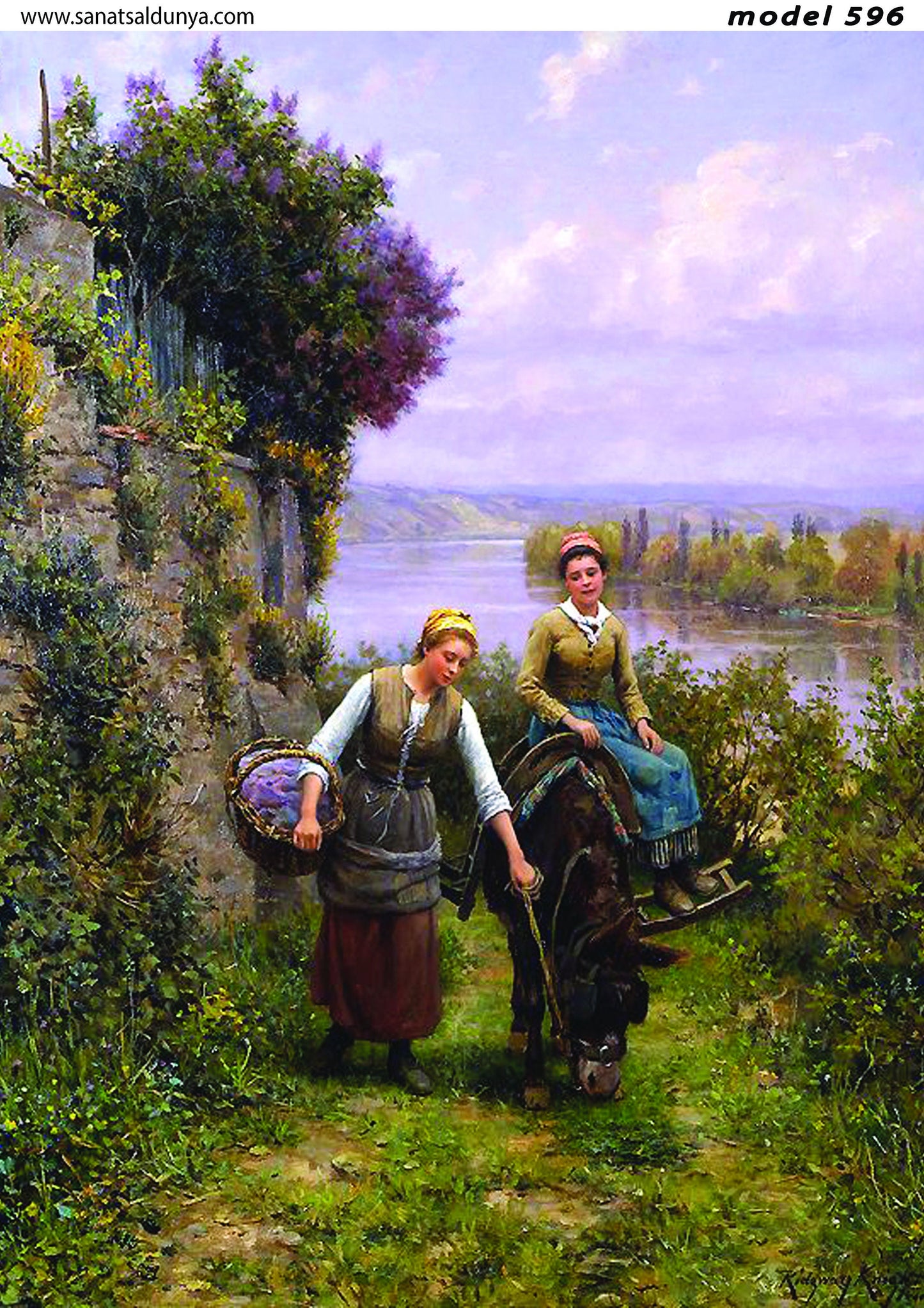 Country Girls - Donkey - Green Trees - Path - River - Decoupage Paper for Furniture - Mulberry Tissue - Big Size Options