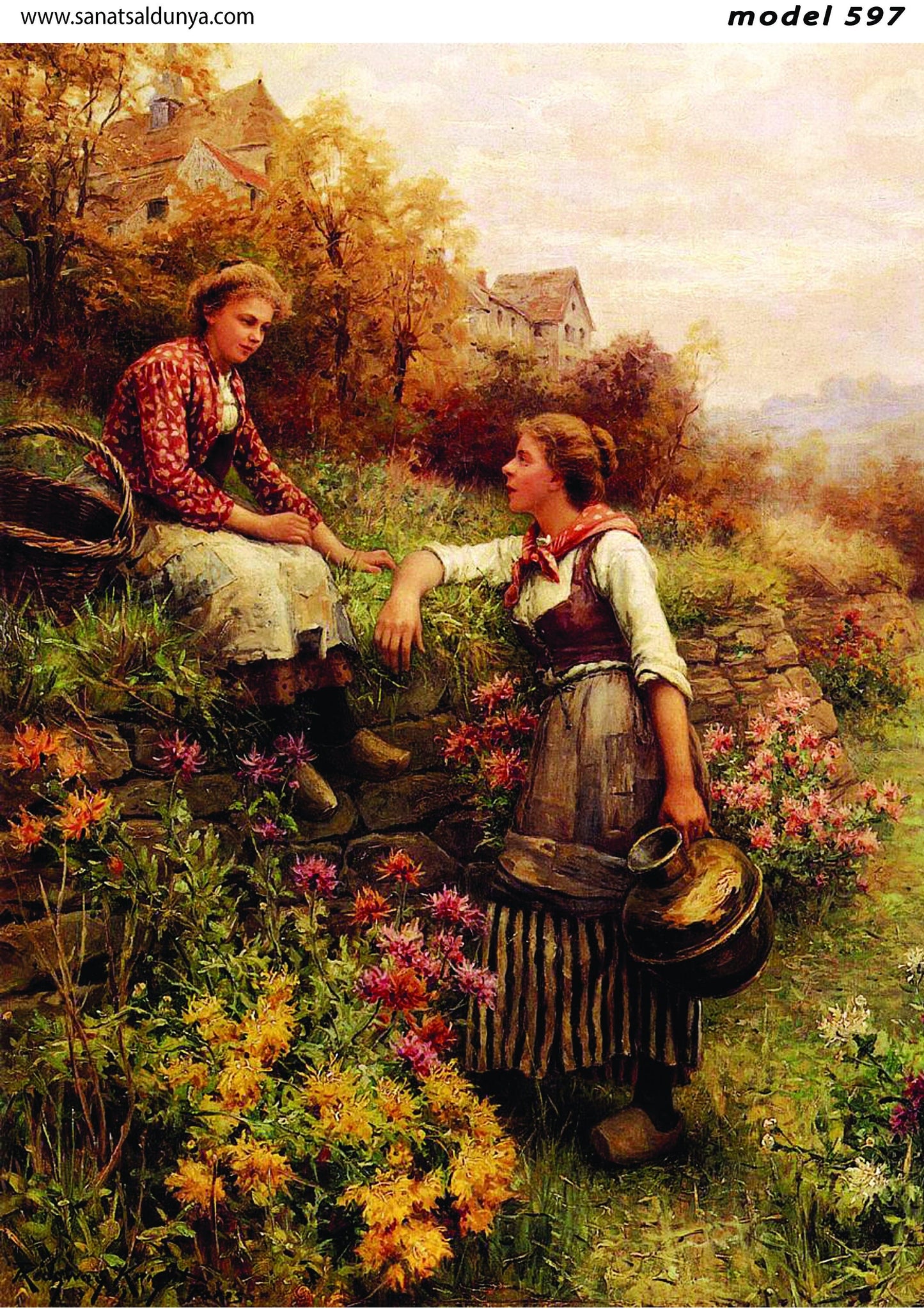 Country Girls - Colorful Flowers - Path - Copper Vessel - Decoupage Paper for Furniture - Mulberry Tissue - Big Size Options