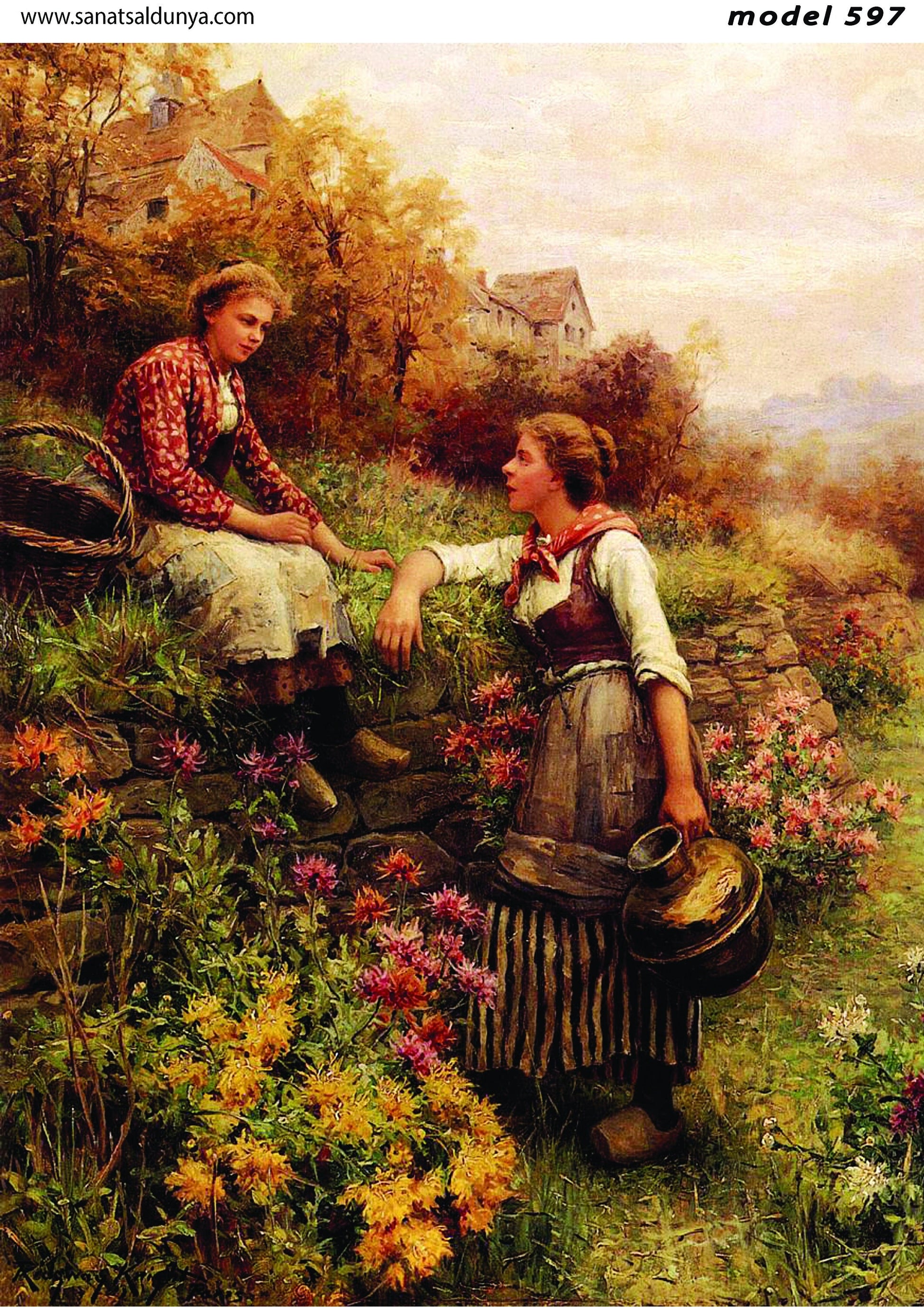 Country Girls - Colorful Flowers - Path - Copper Vessel - Decoupage Paper for Furniture - Mulberry Tissue - Big Size Options