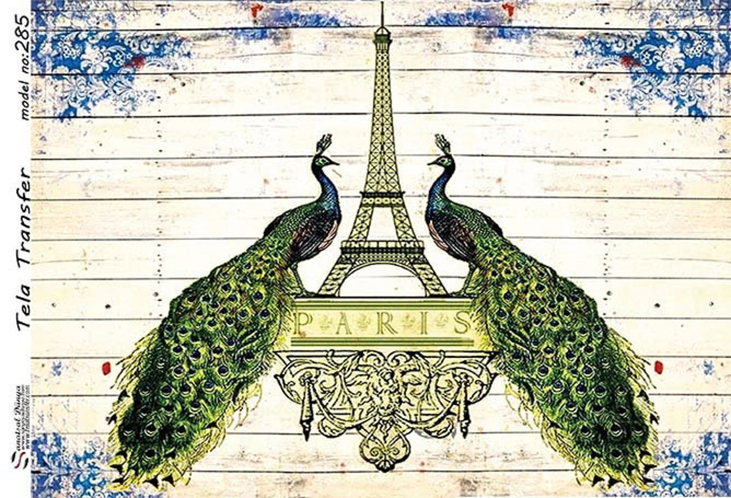 Eiffel Tower Peacock Pattern - Decorative Decoupage Paper - for Furniture - Large Size Options [ Green White ]