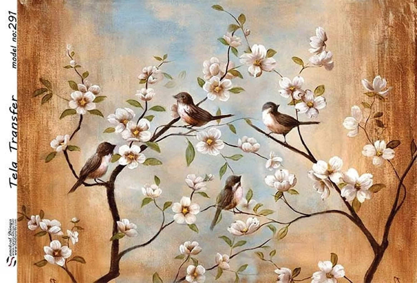 Floral Bird - Decorative Decoupage Paper - Big Size Options [ Brown White Green ]