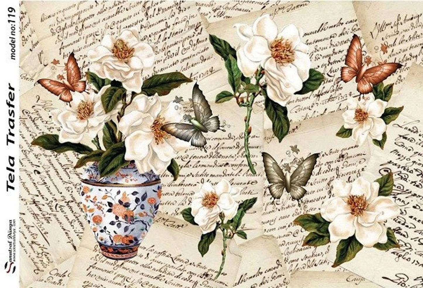 Floral Pattern - Decorative Decoupage Paper - for Furniture - 1 A3 Sheet [ White Brown Green ]