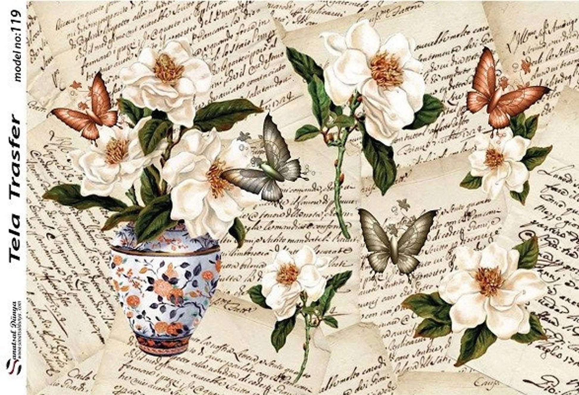 Floral Pattern - Decorative Decoupage Paper - for Furniture - 1 A3 Sheet [ White Brown Green ]