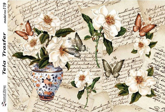 Floral Pattern - Decorative Decoupage Paper - for Furniture - 1 A3 Sheet [ White Brown Green ]