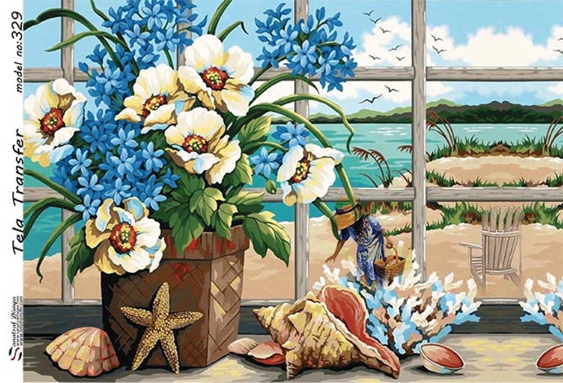 Beach View - Flowers - Decorative Decoupage Paper - for Furniture [ Blue Beige Green ]