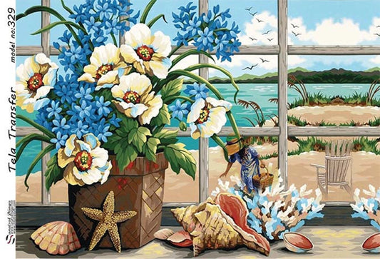 Beach View - Flowers - Decorative Decoupage Paper - for Furniture [ Blue Beige Green ]