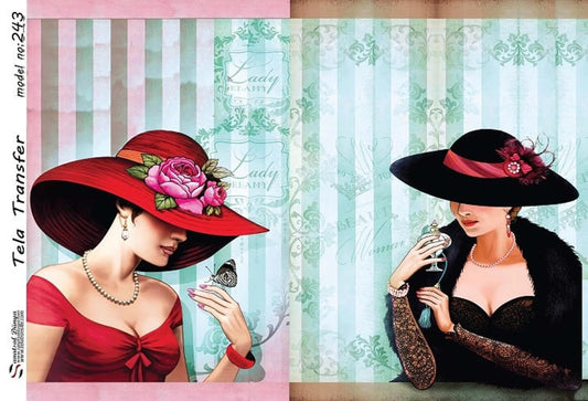 Woman with Hat - Decorative Decoupage Paper - for Furniture - Big Size Options [ Black Red Blue ]