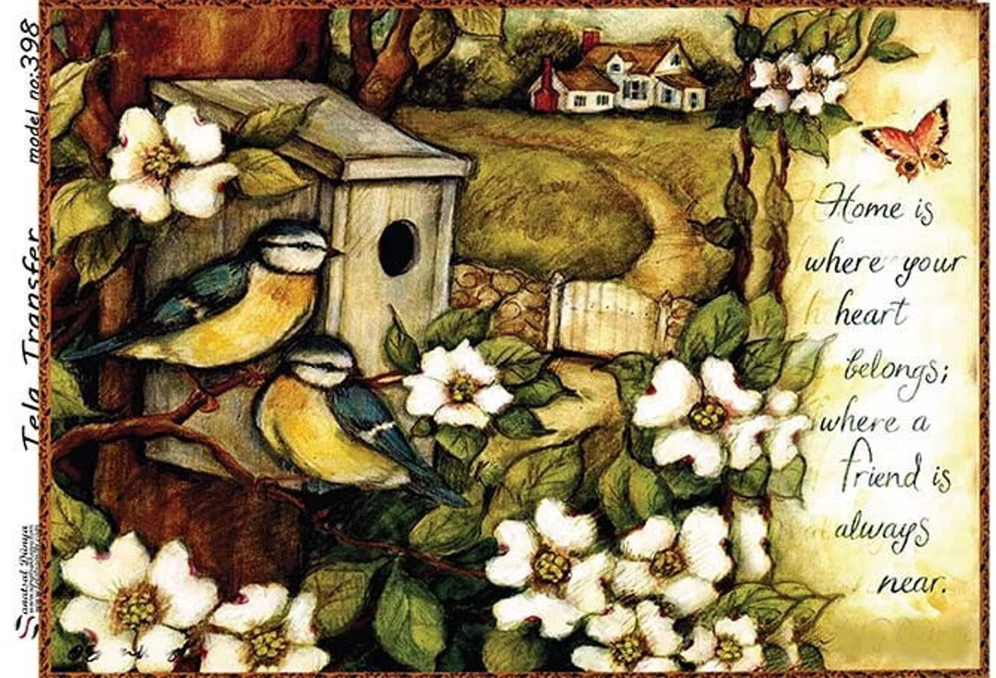 White Flower and Bird Nest - Home is - Decorative Decoupage Paper - for Furniture - Large Size Options [ Green White Brown ]