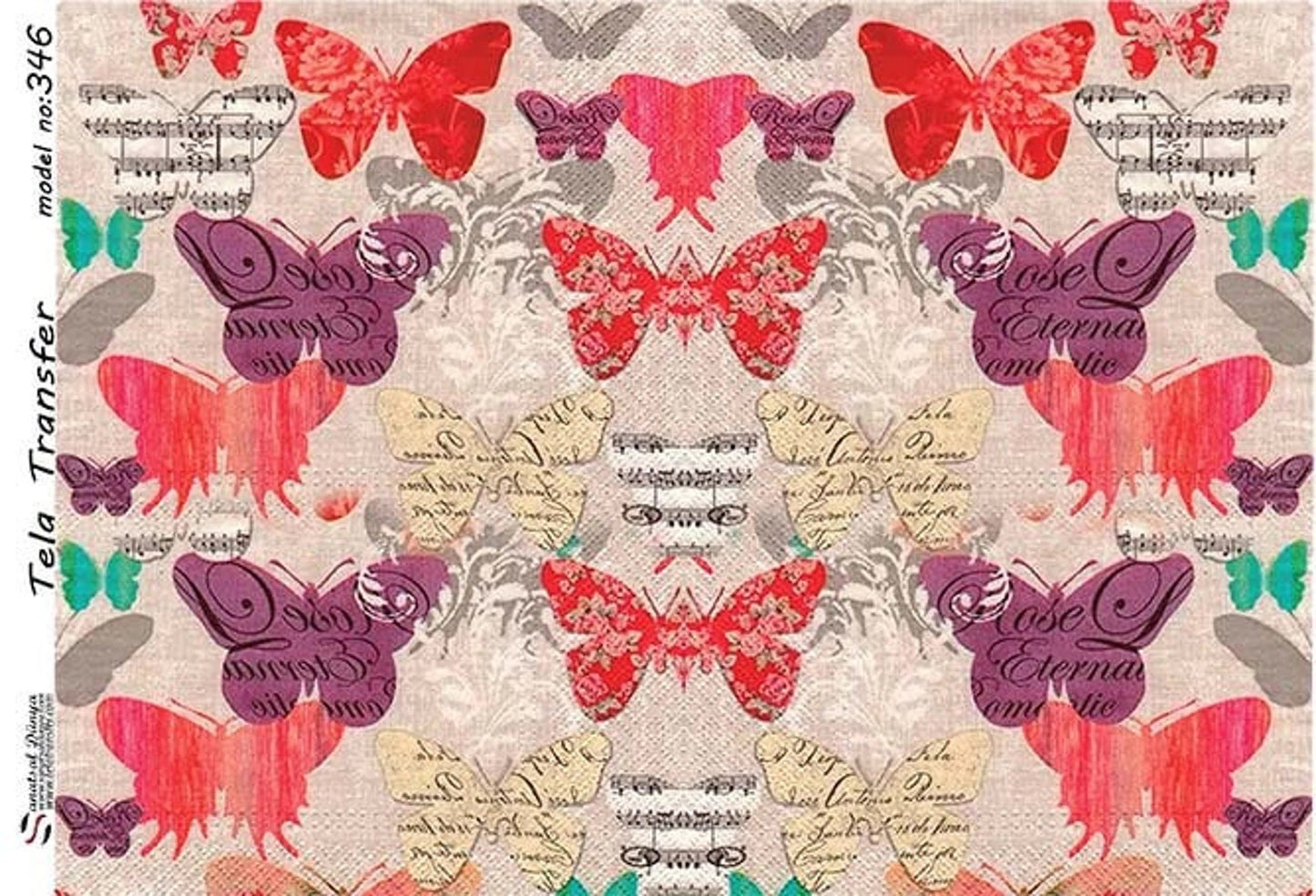 Butterfly Pattern - Decorative Decoupage Paper - for Furniture - 1 A3 Sheet [ Beige Purple Red Green ]