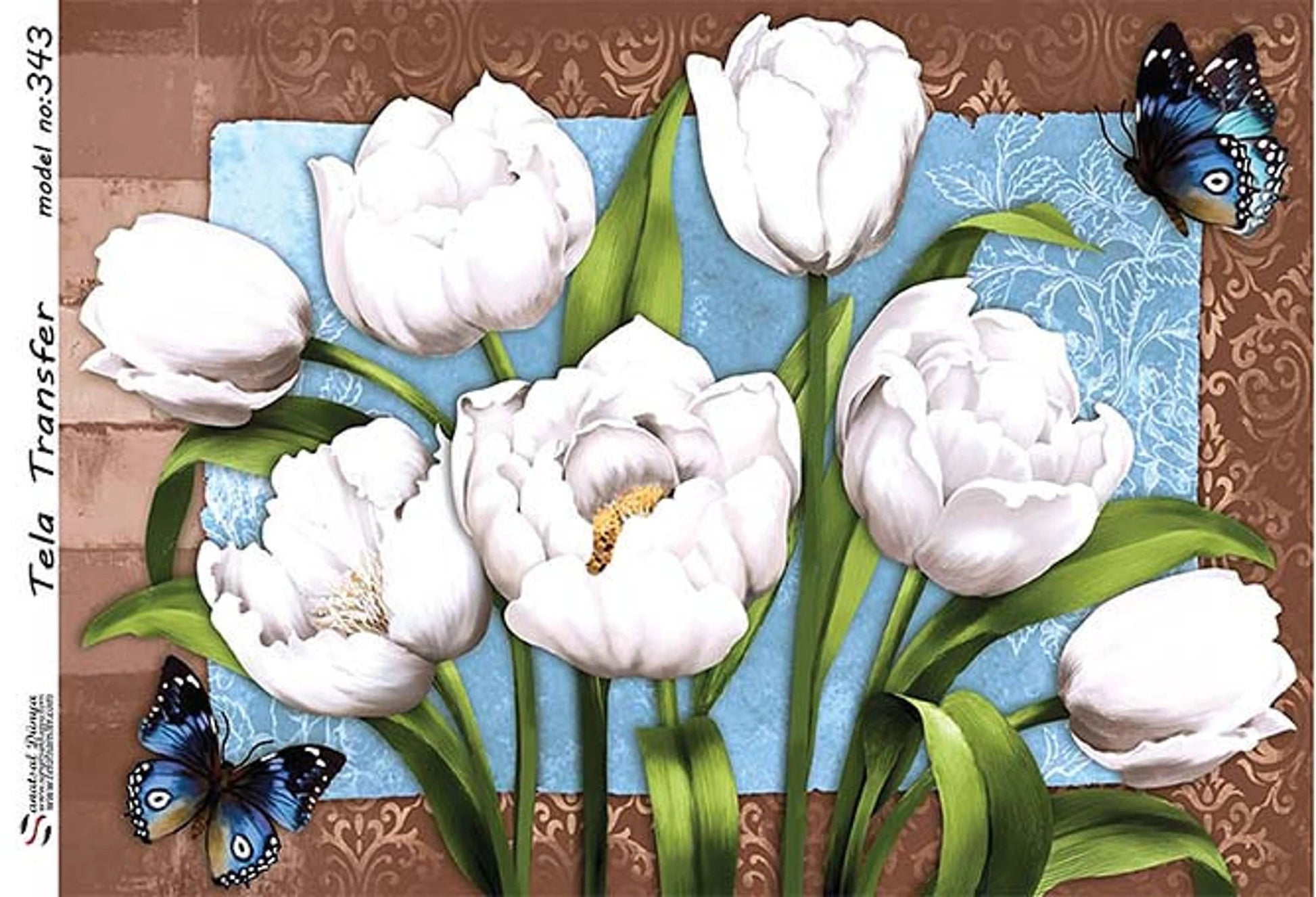 White Flower - Decorative Decoupage Paper - for Furniture - Large Size Options [ Blue White Brown ]