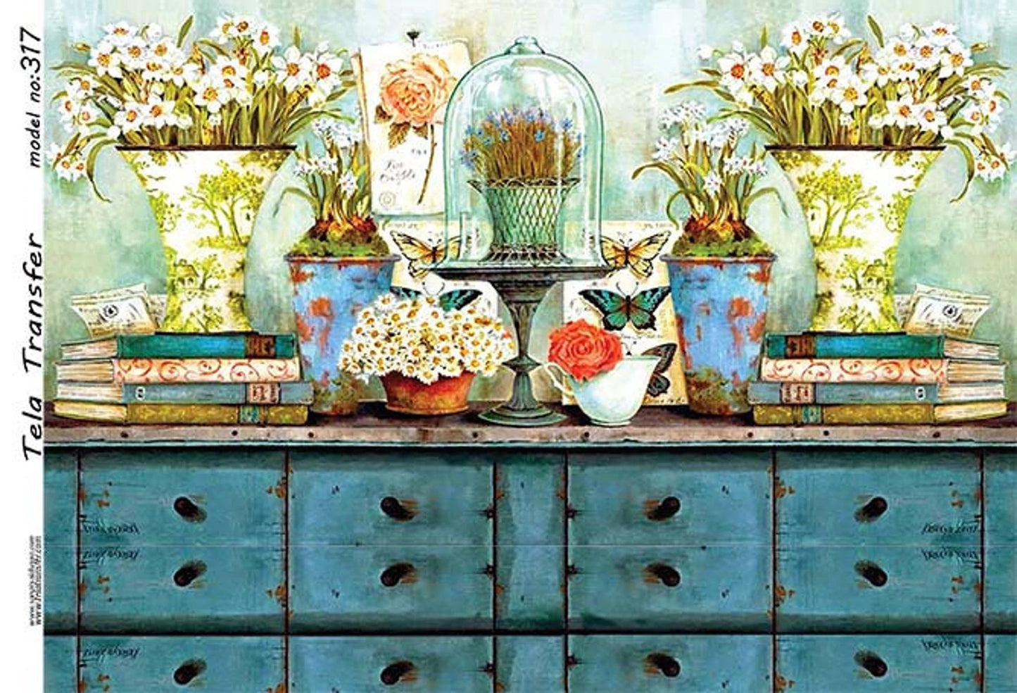 Vintage Cabinet Console - Vase - Flowers - Decorative Decoupage Paper - for Furniture - Large Size Options [ Blue Green Orange ]