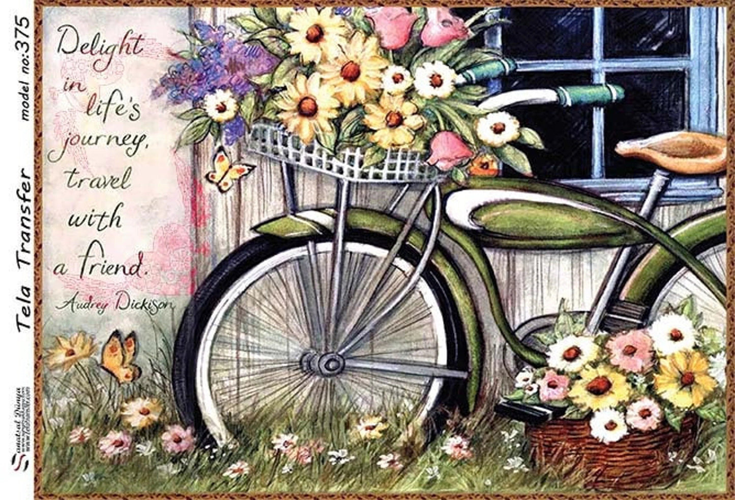 Flowers and Bicycle - Decorative Decoupage Paper - for Furniture - 1 A3 Sheet [ Green Yellow Pink ]