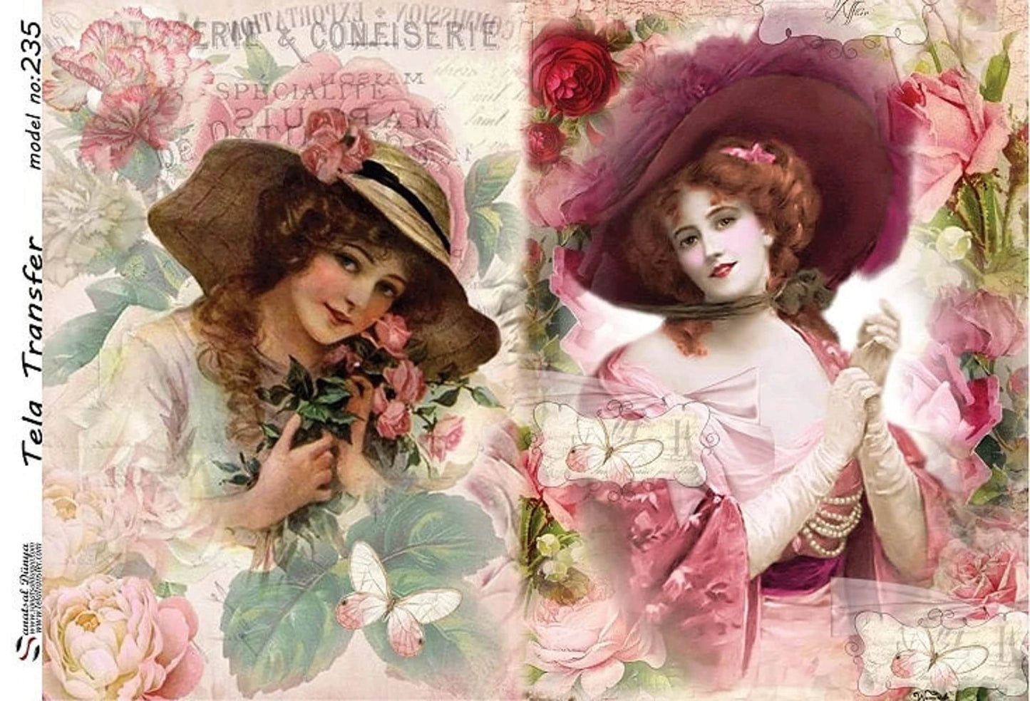 Ladies With Floral Hat - Decorative Decoupage Paper - for Furniture - Large Size Options [ White Pink Green ]