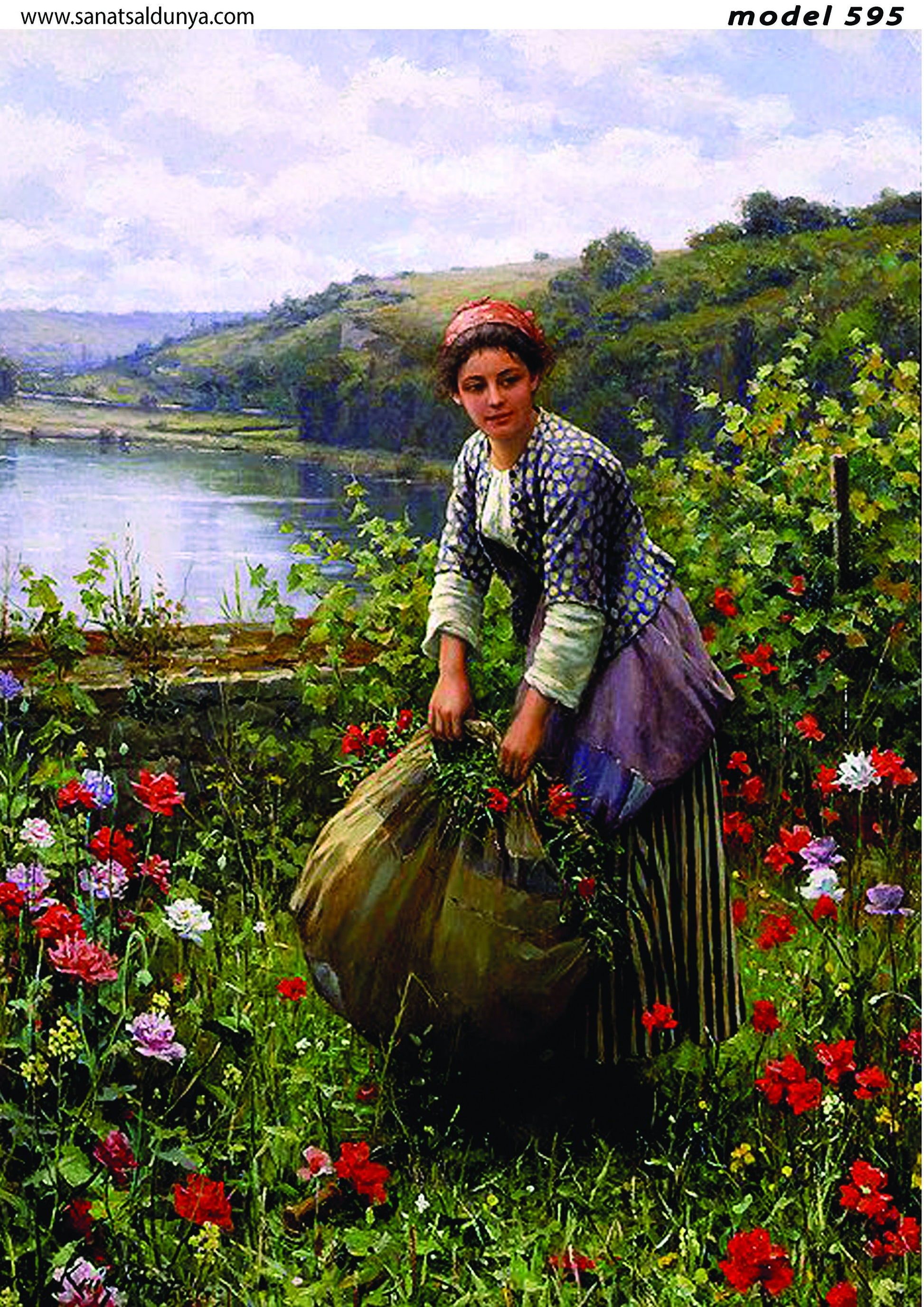 Country Girl - Garden - Red Flowers - River - Decoupage Paper for Furniture - Mulberry Tissue - Big Size Options