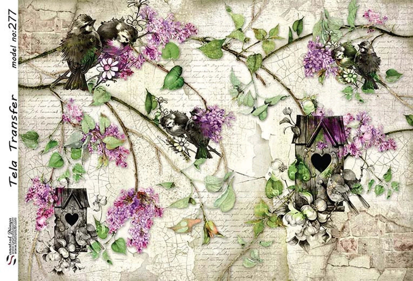 Floral Bird Nest - Decorative Decoupage Paper - for Furniture - Large Size Options [ Purple Green White ]