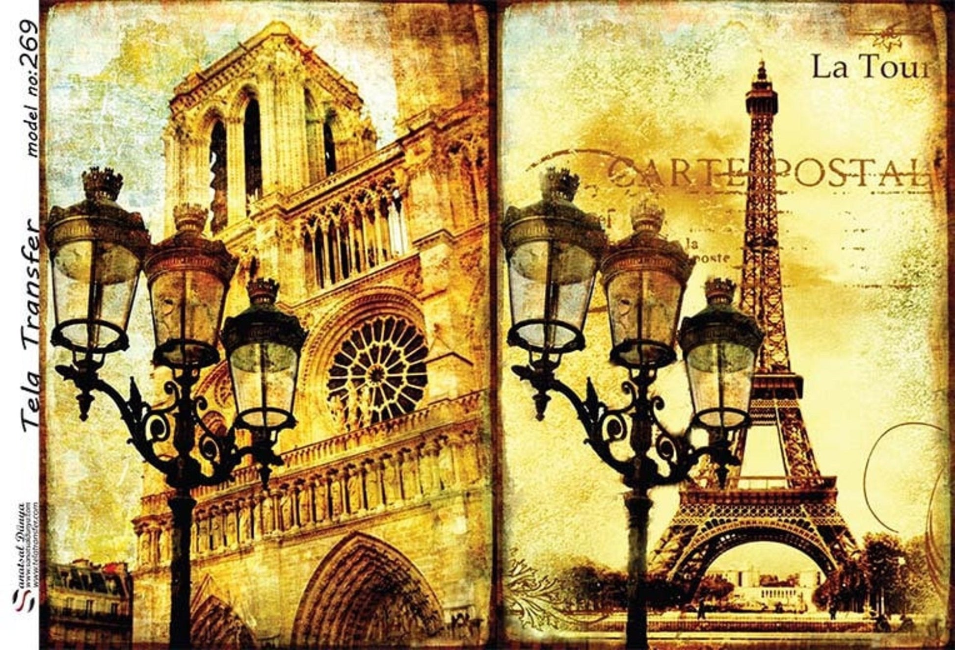 Eiffel Tower - Decorative Decoupage Paper - for Furniture - Large Size Options [ Brown Yellow Gold ]