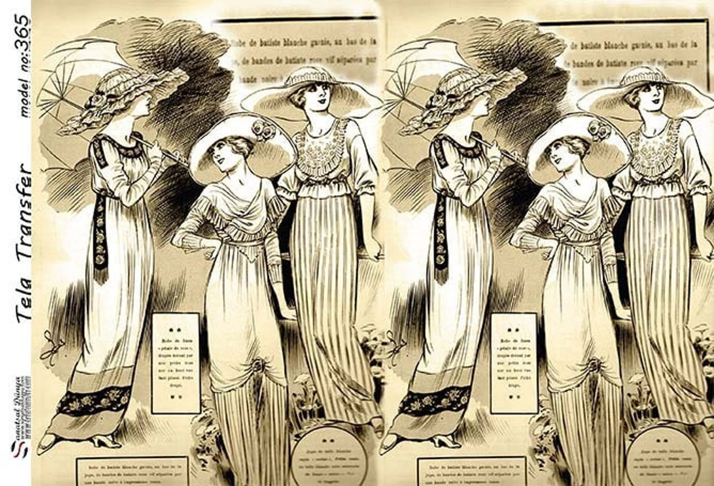 Ladies With Vintage Dress 20s - Decorative Decoupage Paper - for Furniture - Large Size Options [ Beige White ]