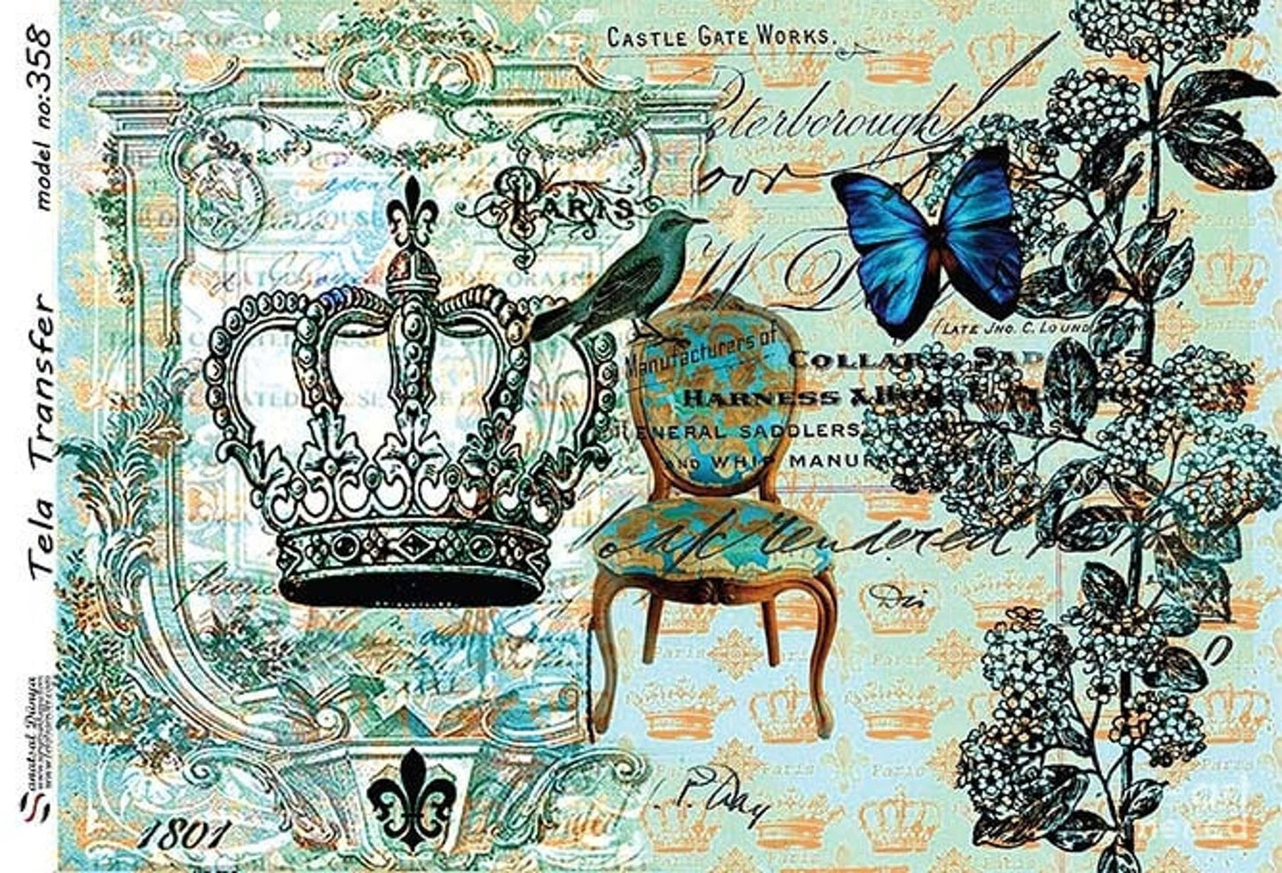 Crown Chair Butterfly - Queen Decorative Decoupage Paper - for Furniture - Large Size Options [ Blue Green Black ]