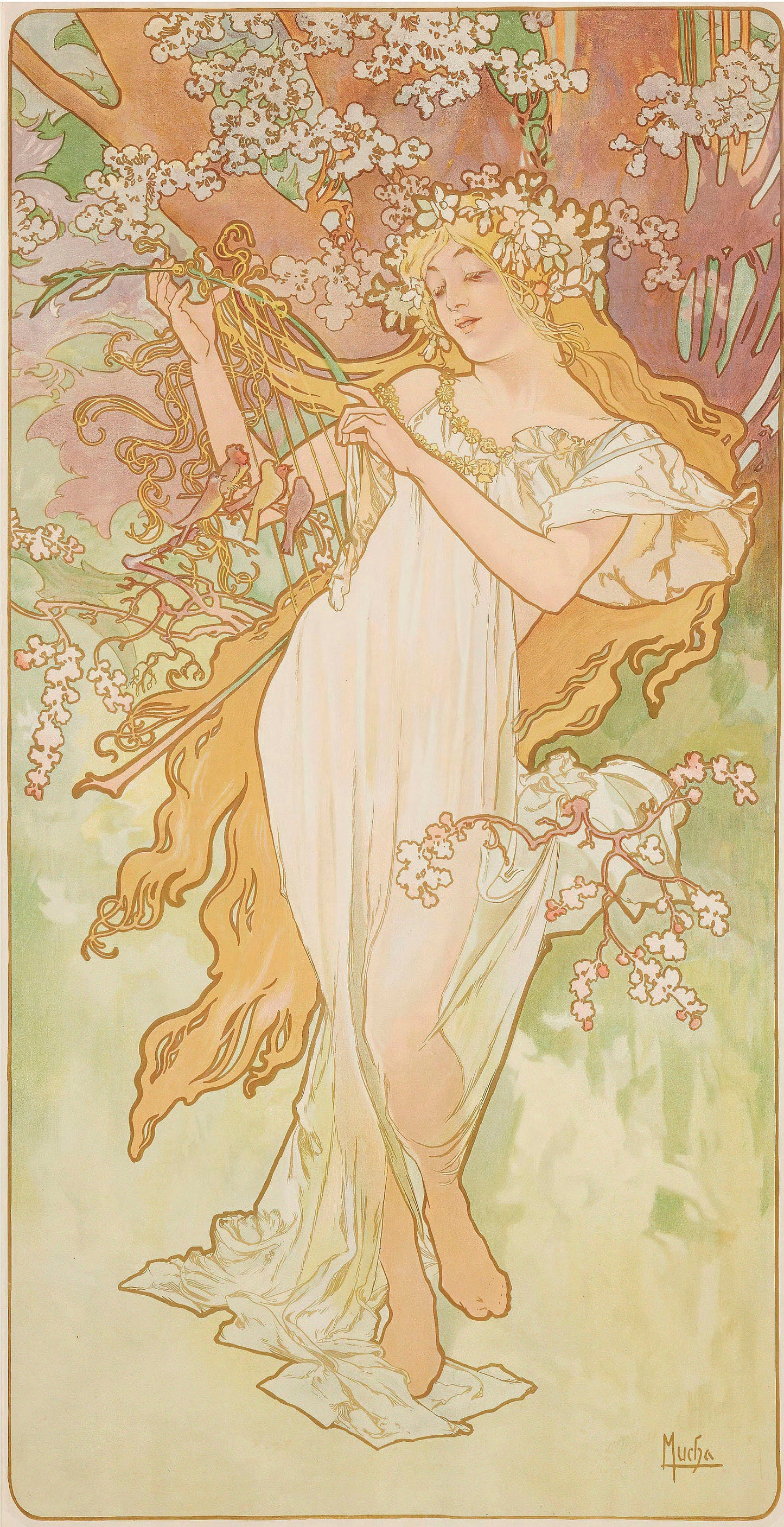 Blonde Women with White Dress - Tree - Illustration Decorative Decoupage - Mucha - Craft Tissue Paper - Big Size Options