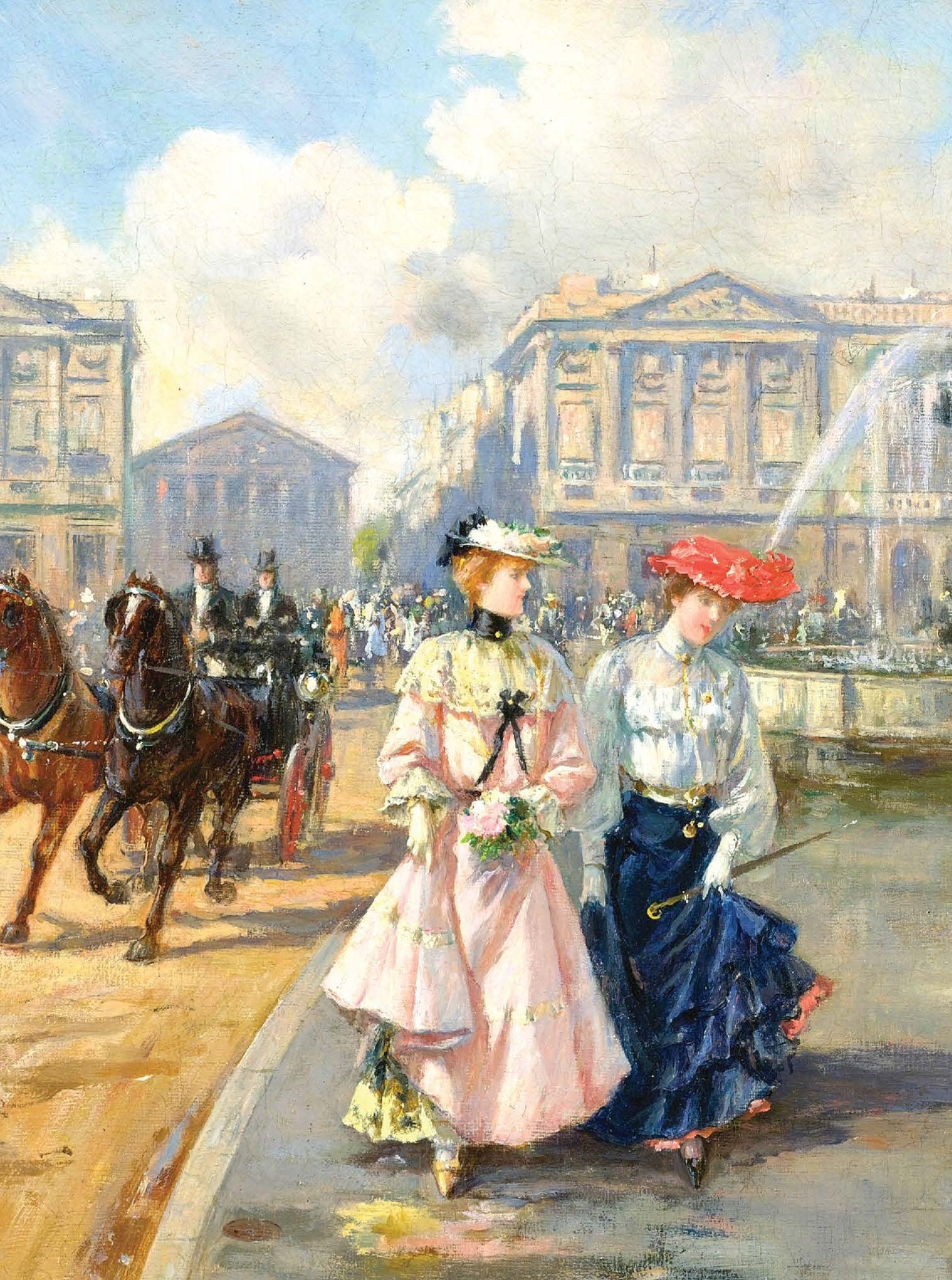 Horses - Ladies - Fountain - Square - Decoupage Paper for Furniture - Vintage Decoupage - Rice Paper for Craft [European Life Series]