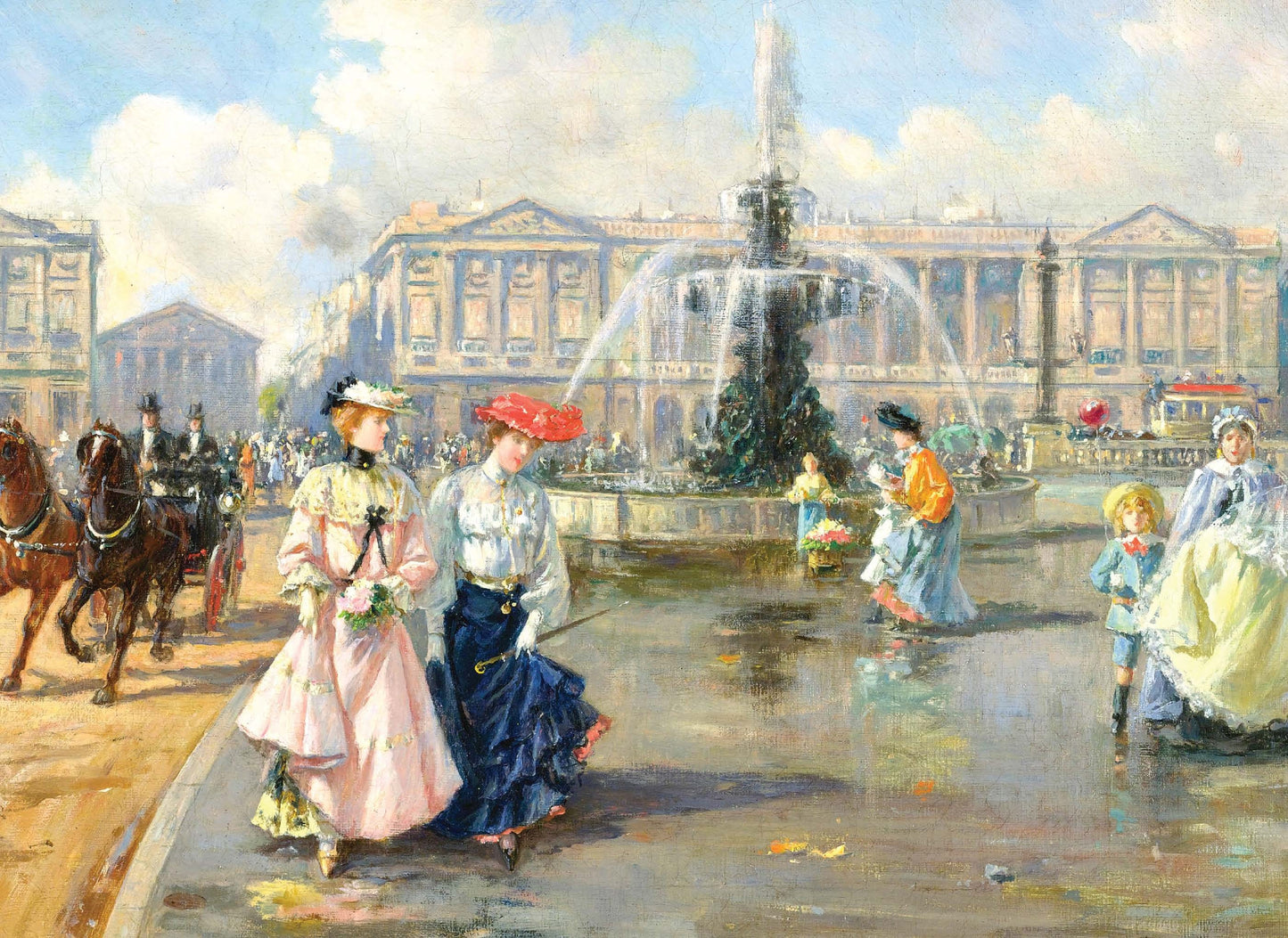Horses - Ladies - Fountain - Square - Decoupage Paper for Furniture - Vintage Decoupage - Rice Paper for Craft [European Life Series]