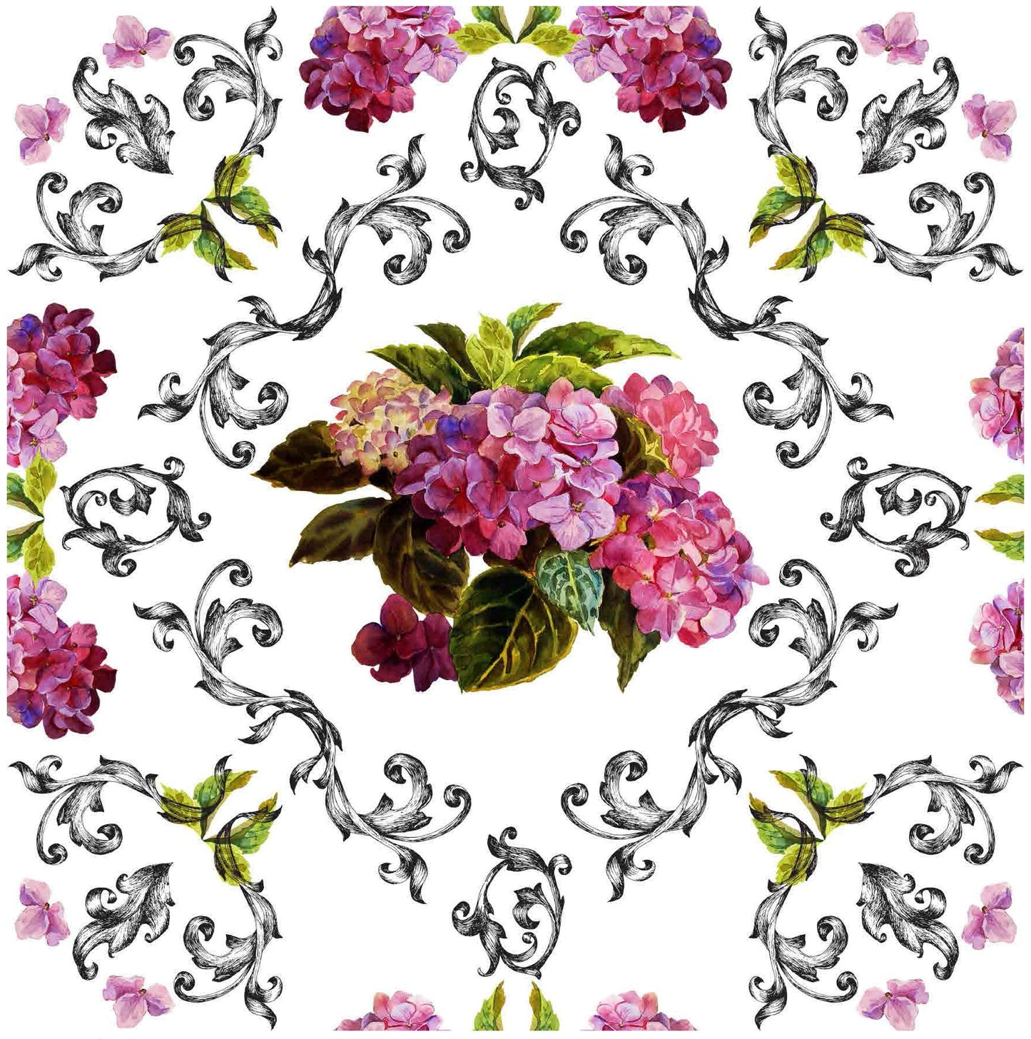 Purple Hortensia - Flowers - Floral Decoupage - Large Decoupage Paper for Furniture - Rice Paper for Decoupage - Black Background
