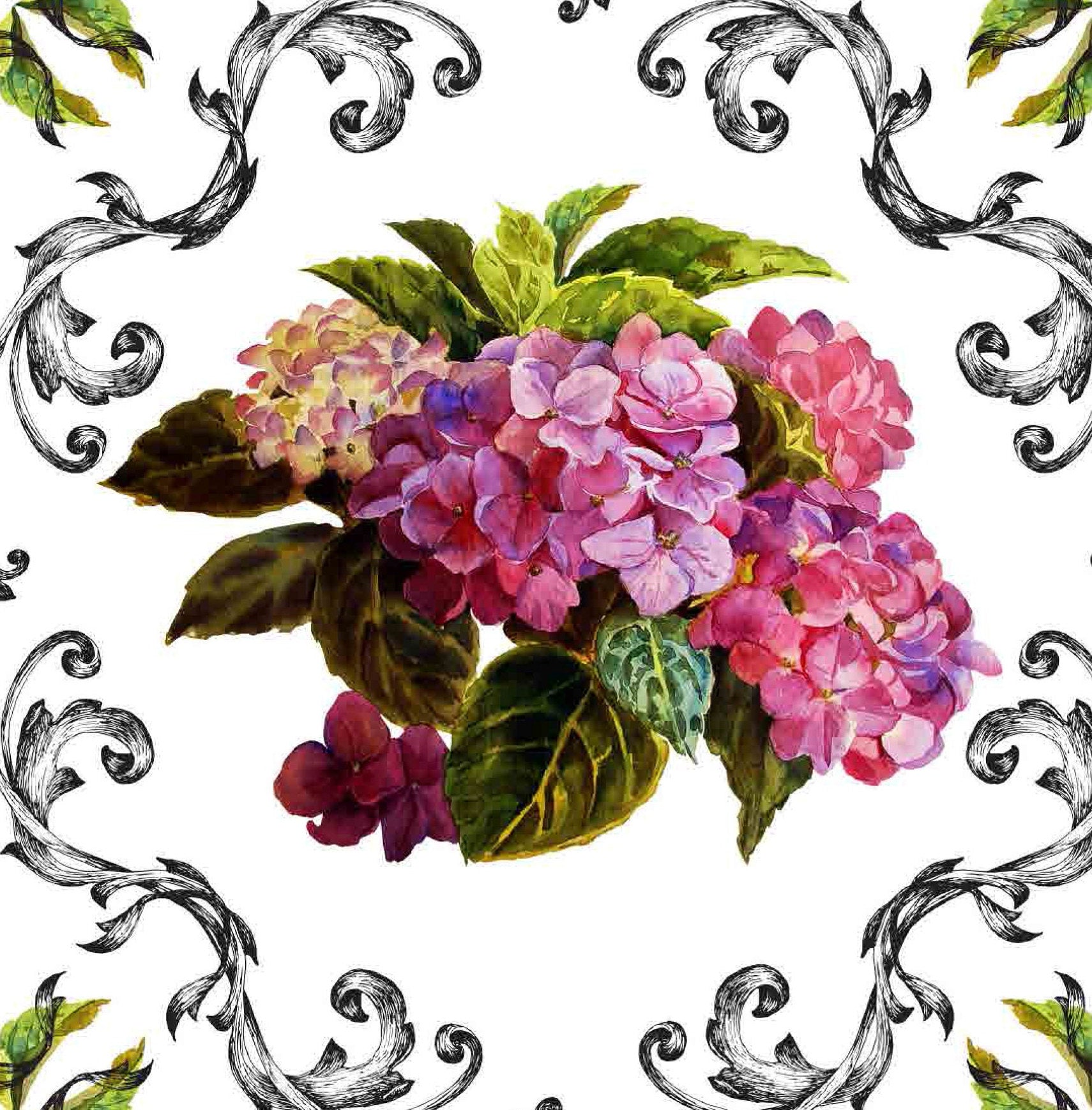 Purple Hortensia - Flowers - Floral Decoupage - Large Decoupage Paper for Furniture - Rice Paper for Decoupage - Black Background