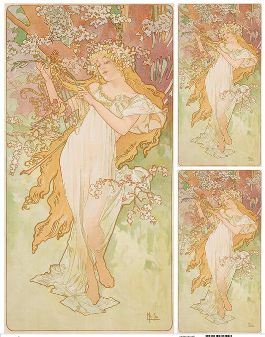 Blonde Women with White Dress - Tree - Illustration Decorative Decoupage - Mucha - Craft Tissue Paper - Big Size Options