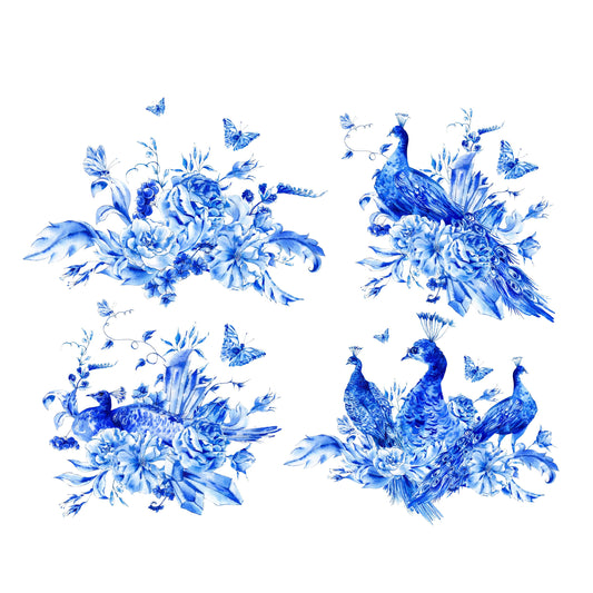Blue Peacock - Vintage Blue Bird Decoupage Paper for Furniture - Large Rice Paper - Floral and Bird Designs
