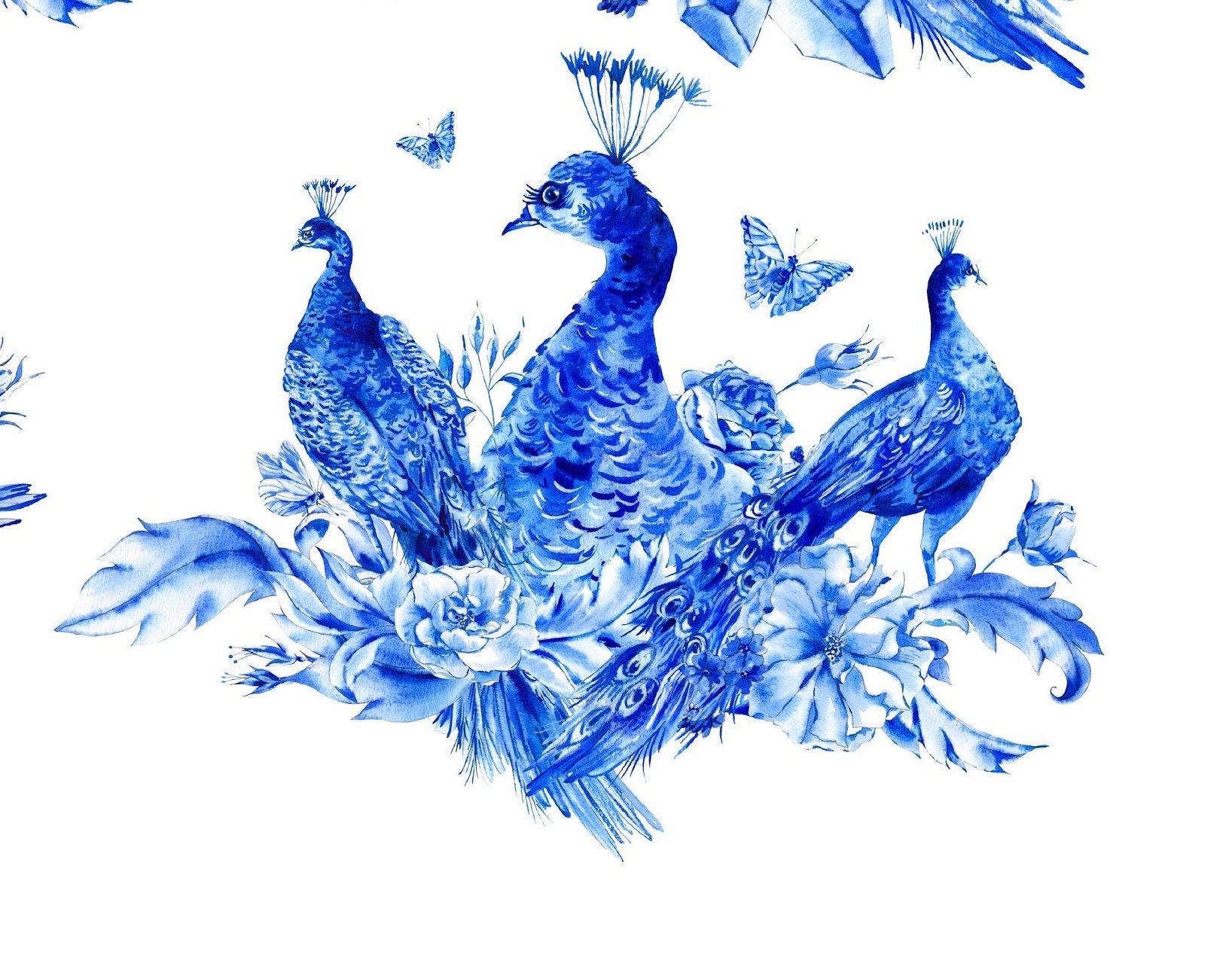 Blue Peacock - Vintage Blue Bird Decoupage Paper for Furniture - Large Rice Paper - Floral and Bird Designs