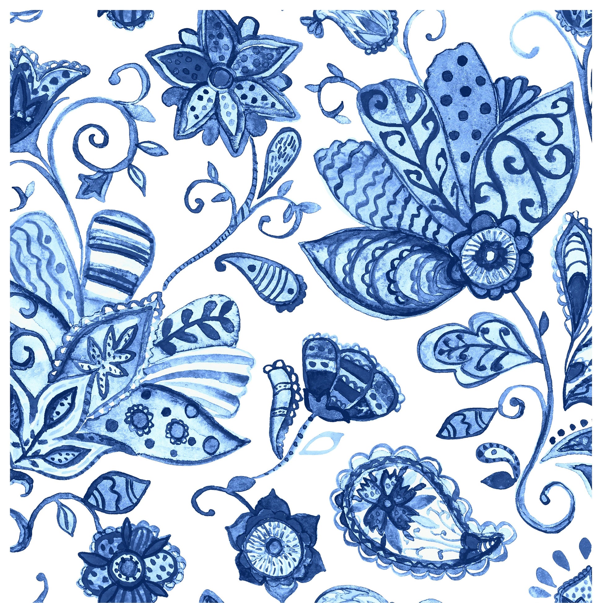 Blue Floral Illustrations Decoupage Paper for Furniture and Crafts - Large Rice Paper - Vintage Flowers and Bird Prints