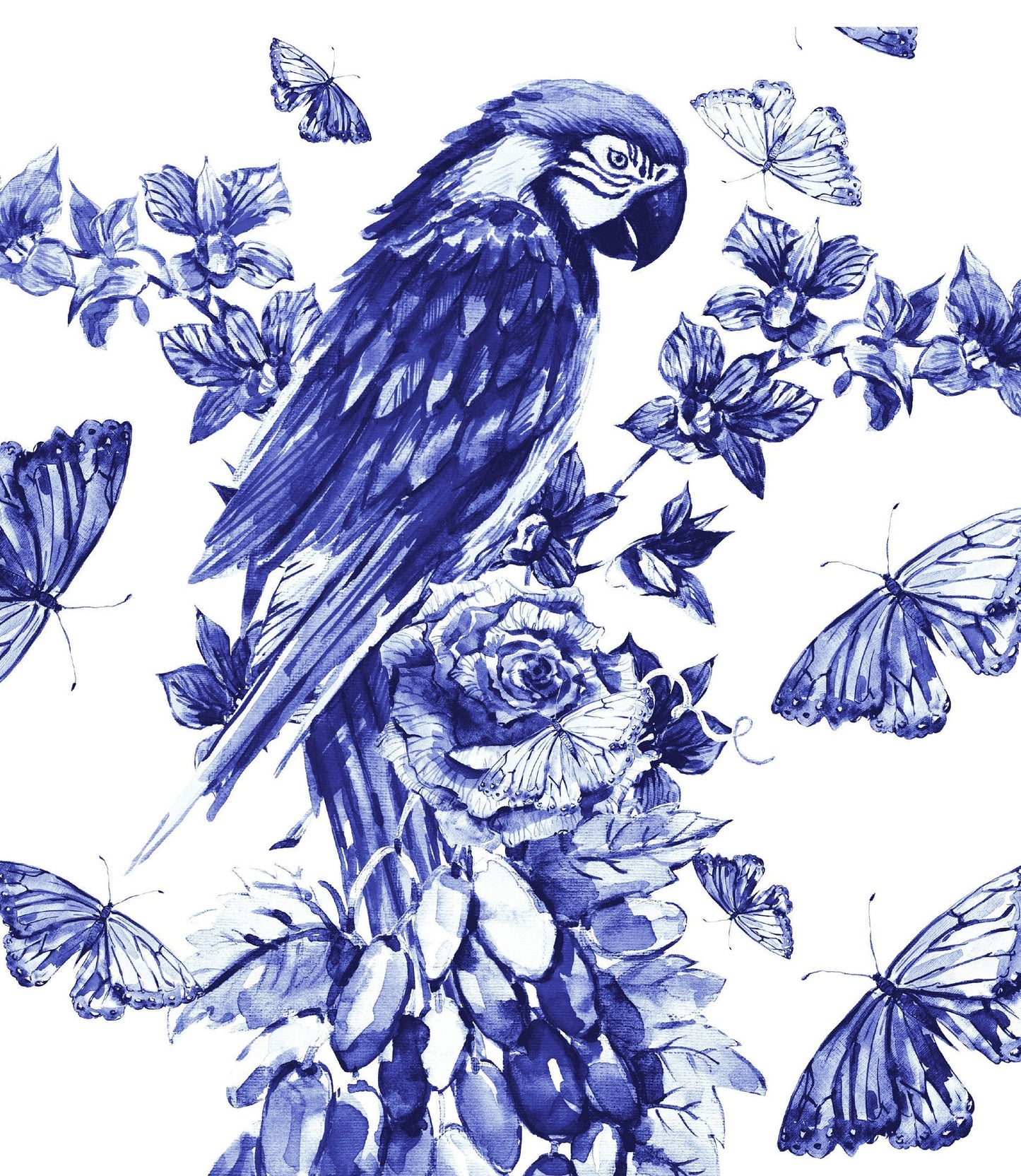 Blue Parrot, Butterfly and Flowers Decoupage Paper for Furniture - Large Rice Paper Decoupage