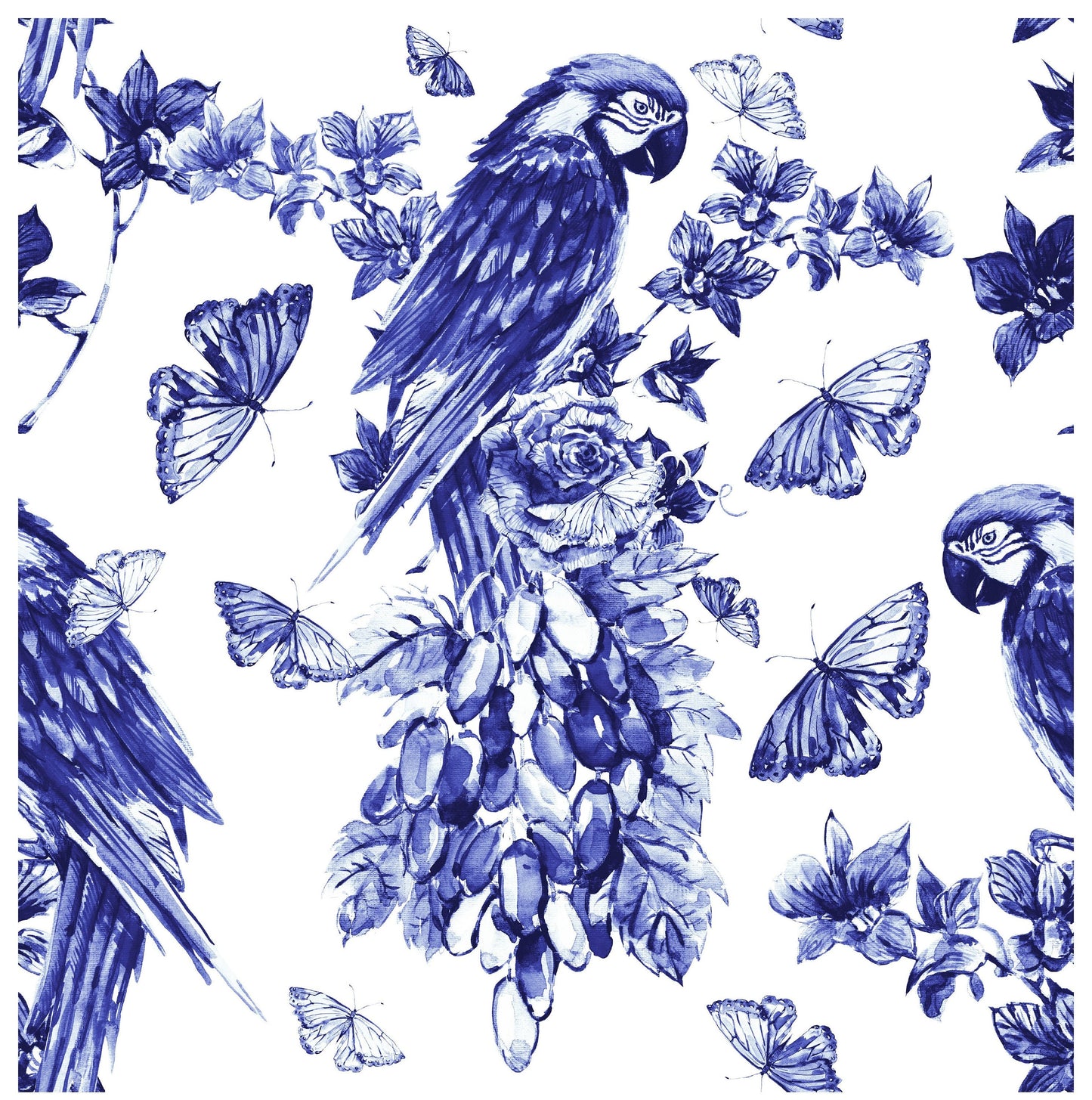 Blue Parrot, Butterfly and Flowers Decoupage Paper for Furniture - Large Rice Paper Decoupage