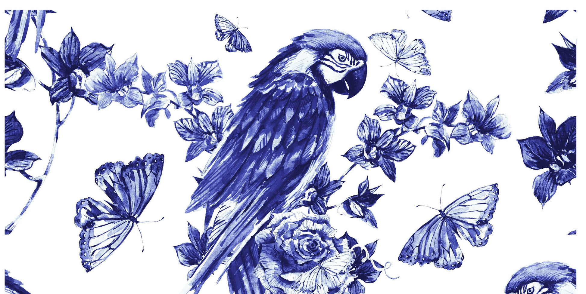 Blue Parrot, Butterfly and Flowers Decoupage Paper for Furniture - Large Rice Paper Decoupage