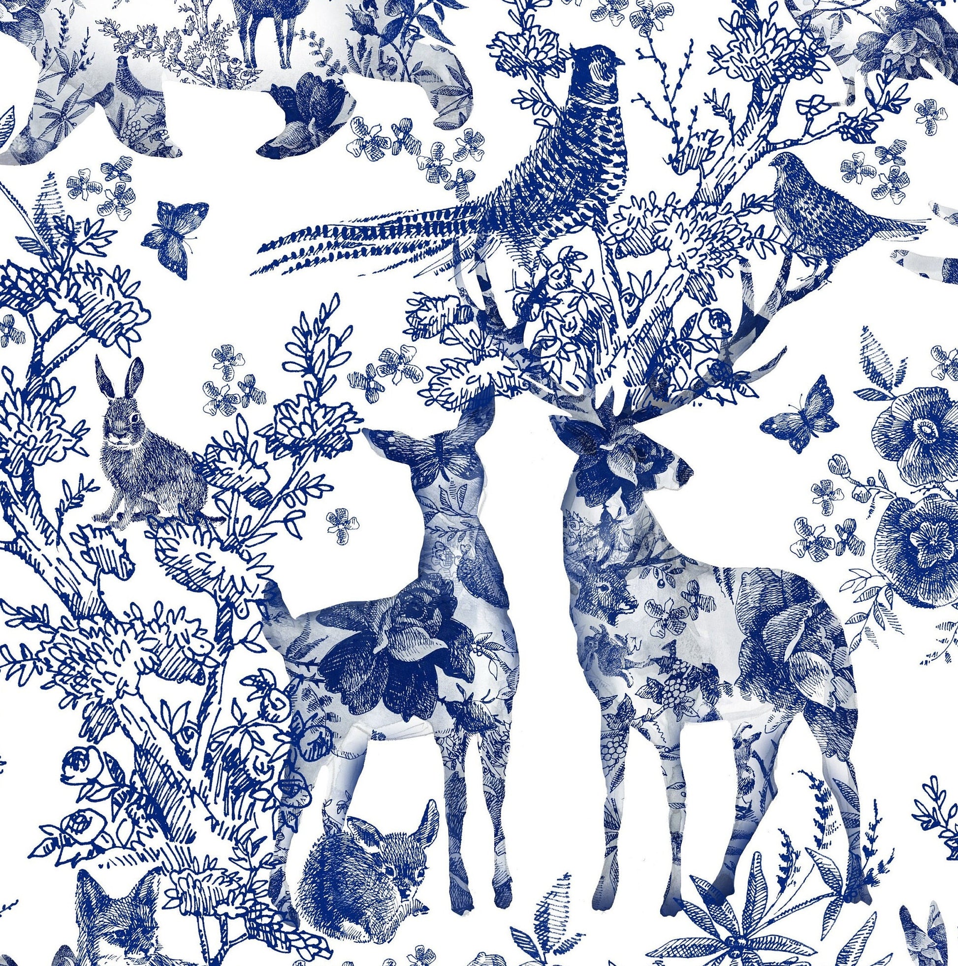 Blue Decoupage Paper for Furniture - Rice Paper Decoupage - Large Decoupage Paper Vintage - Deer & Birds Decoupage