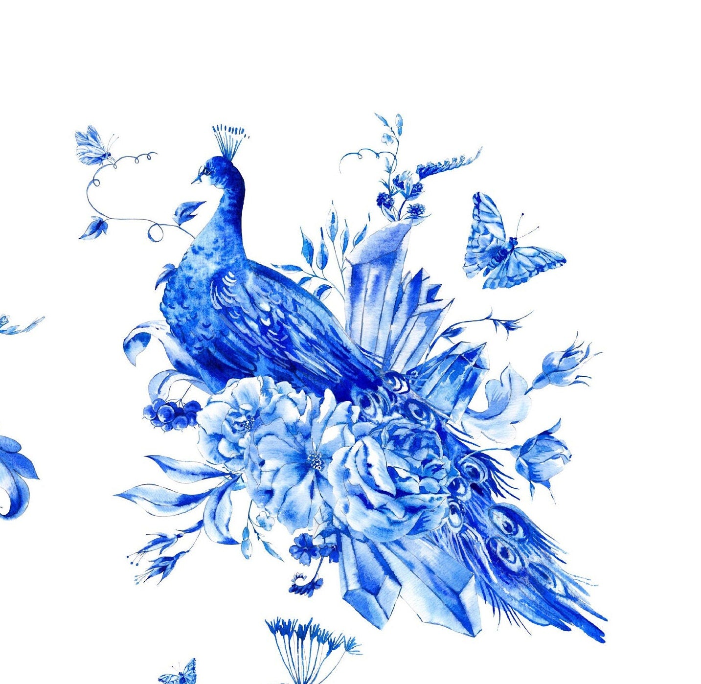 Blue Peacock - Vintage Blue Bird Decoupage Paper for Furniture - Large Rice Paper - Floral and Bird Designs