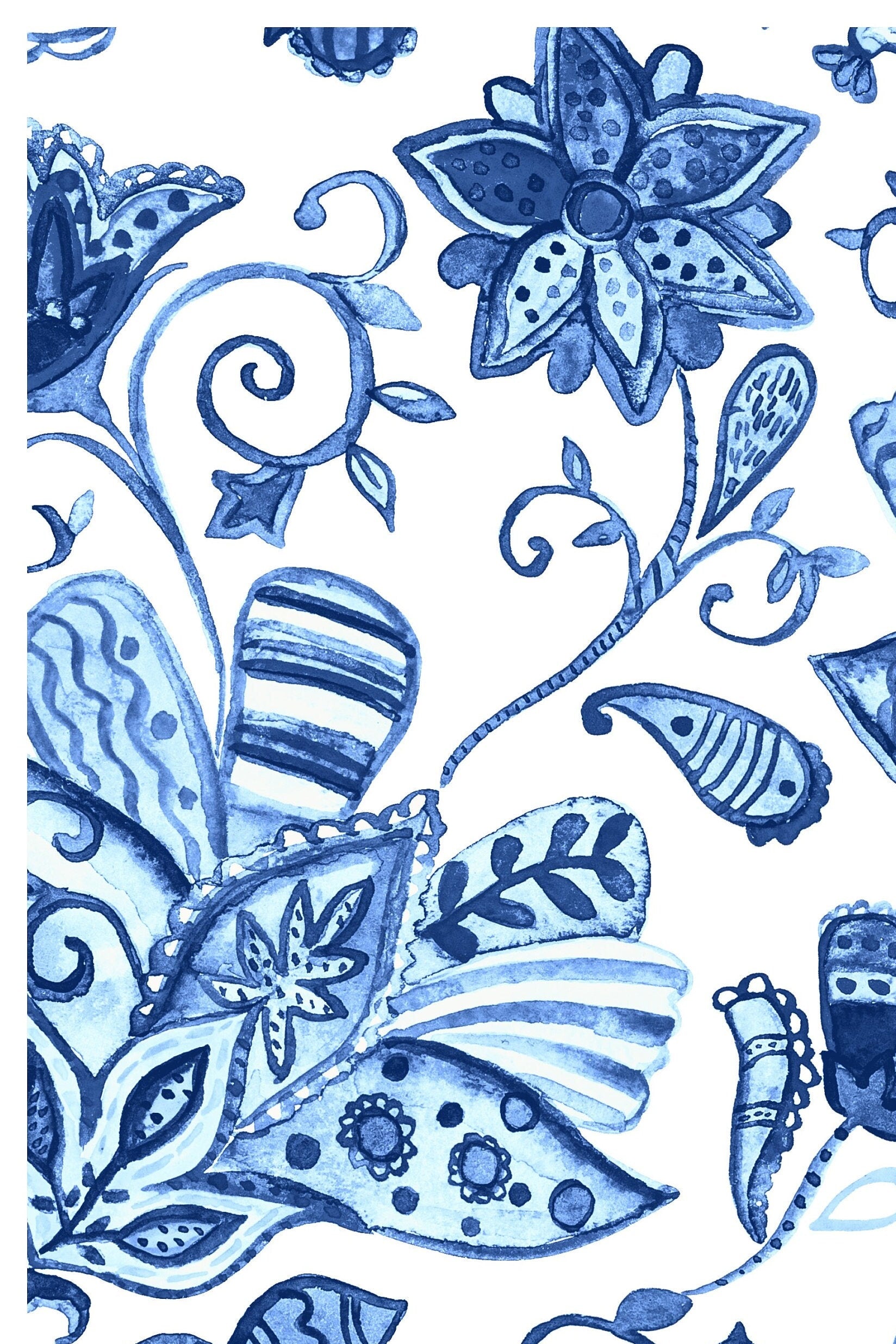 Blue Floral Illustrations Decoupage Paper for Furniture and Crafts - Large Rice Paper - Vintage Flowers and Bird Prints