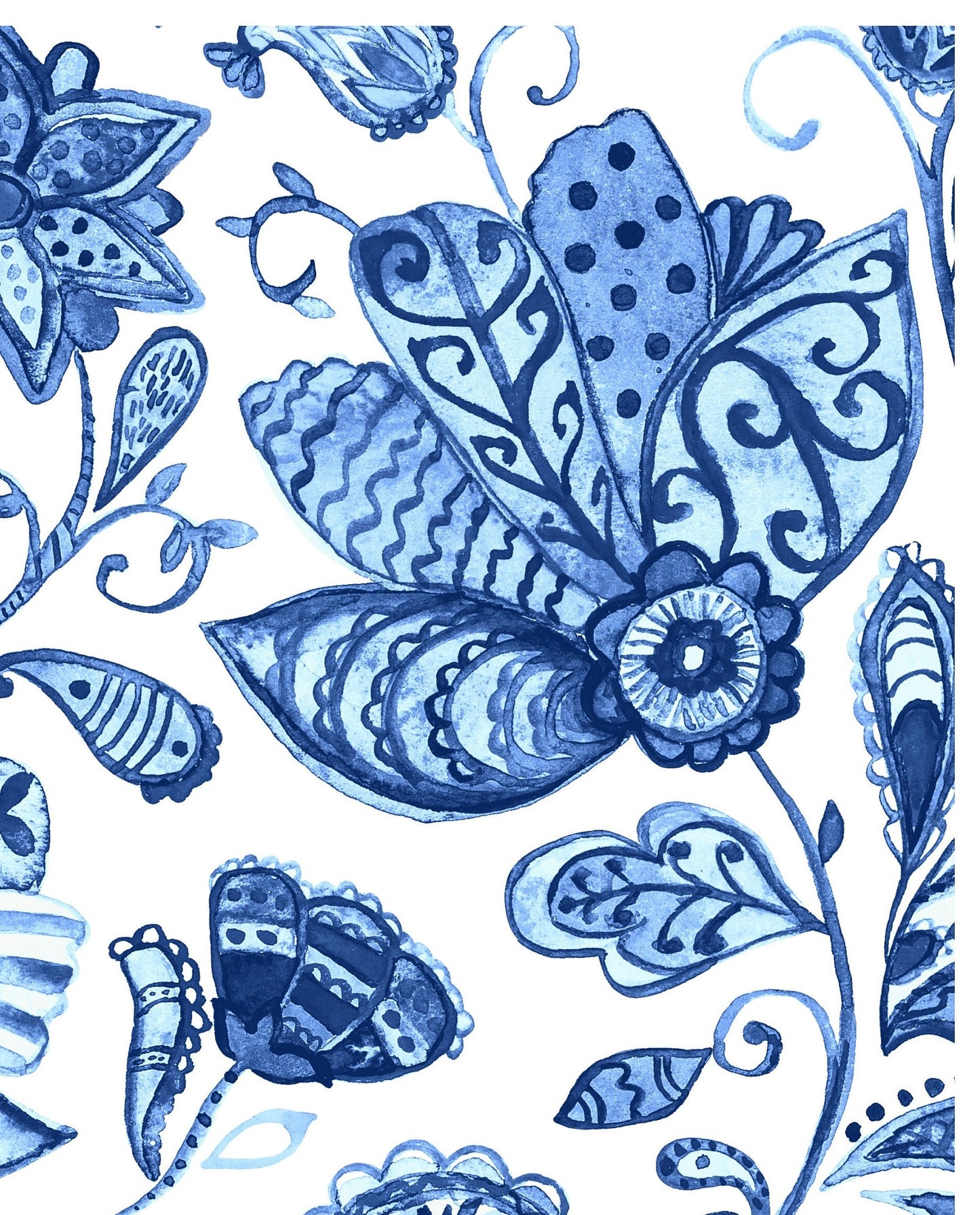 Blue Floral Illustrations Decoupage Paper for Furniture and Crafts - Large Rice Paper - Vintage Flowers and Bird Prints