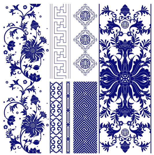 Blue Geometric Illustrations Decoupage Paper for Furniture - Large Rice Paper Decoupage - Vintage Bordure Patterns for Decoupage
